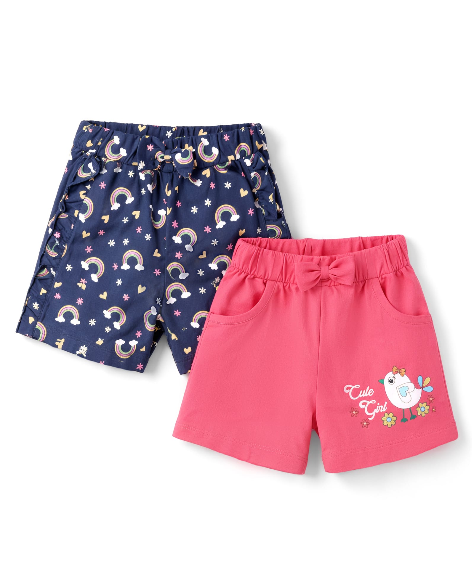 Doodle Poodle 100% Cotton Knit Knee Length Shorts with Rainbow & Bird Print Pack of 2 - Pink & Navy Blue-picture-25