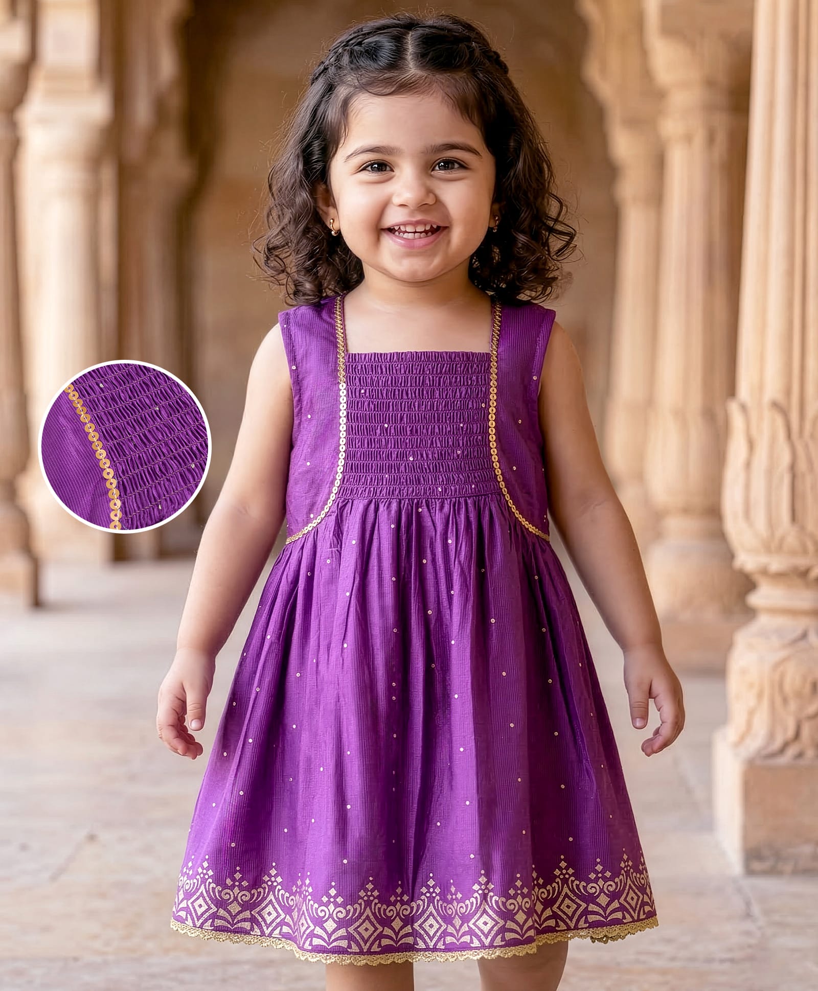 EARTHY TOUCH Woven Sleeveless Ethnic Dress With Polka Dot Print & Sequinned Detailing- Purple-picture-18