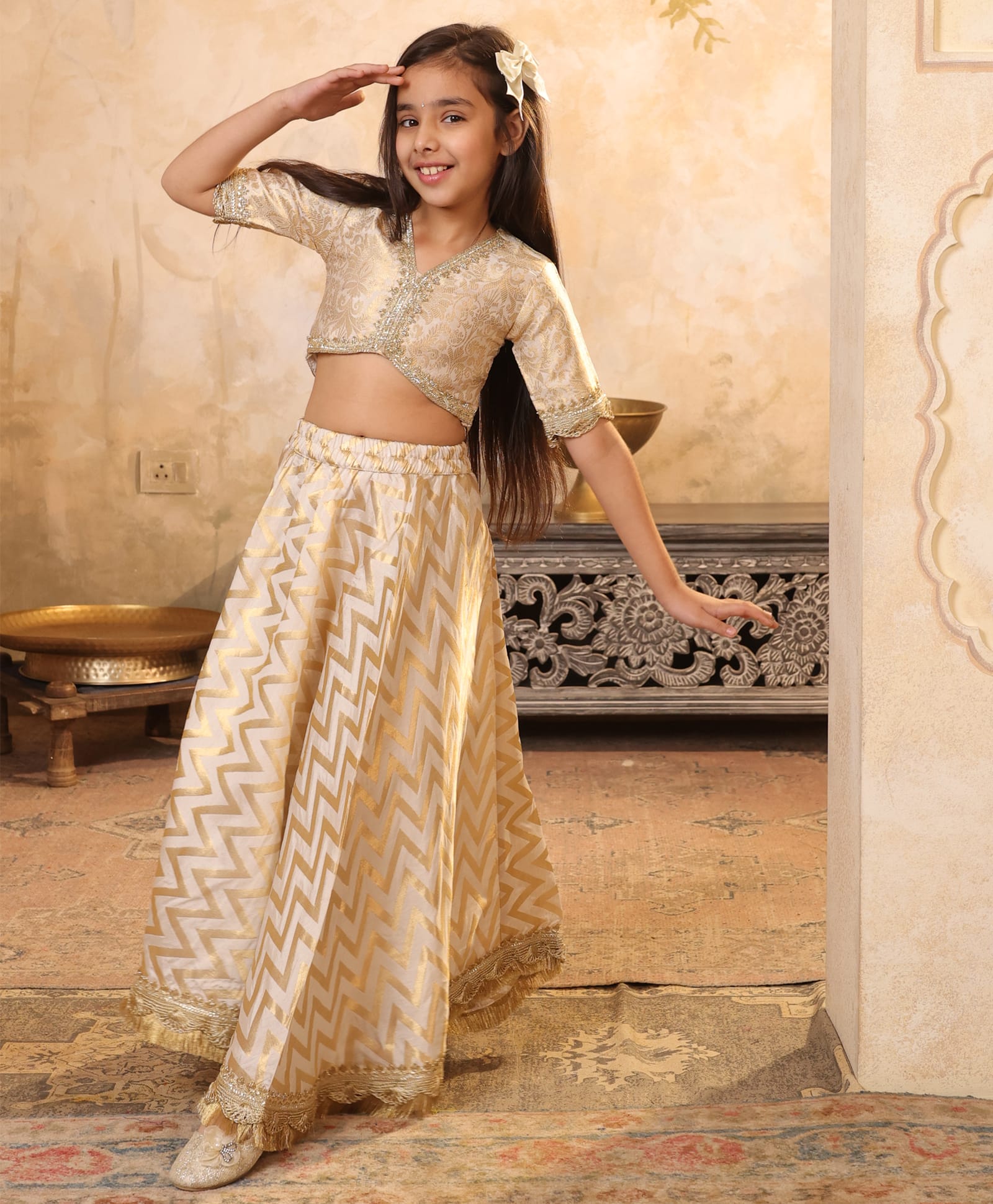 Shorgul Brocade Woven Three Fourth Sleeves Floral Embroidered Lehenga & Choli Set - Beige