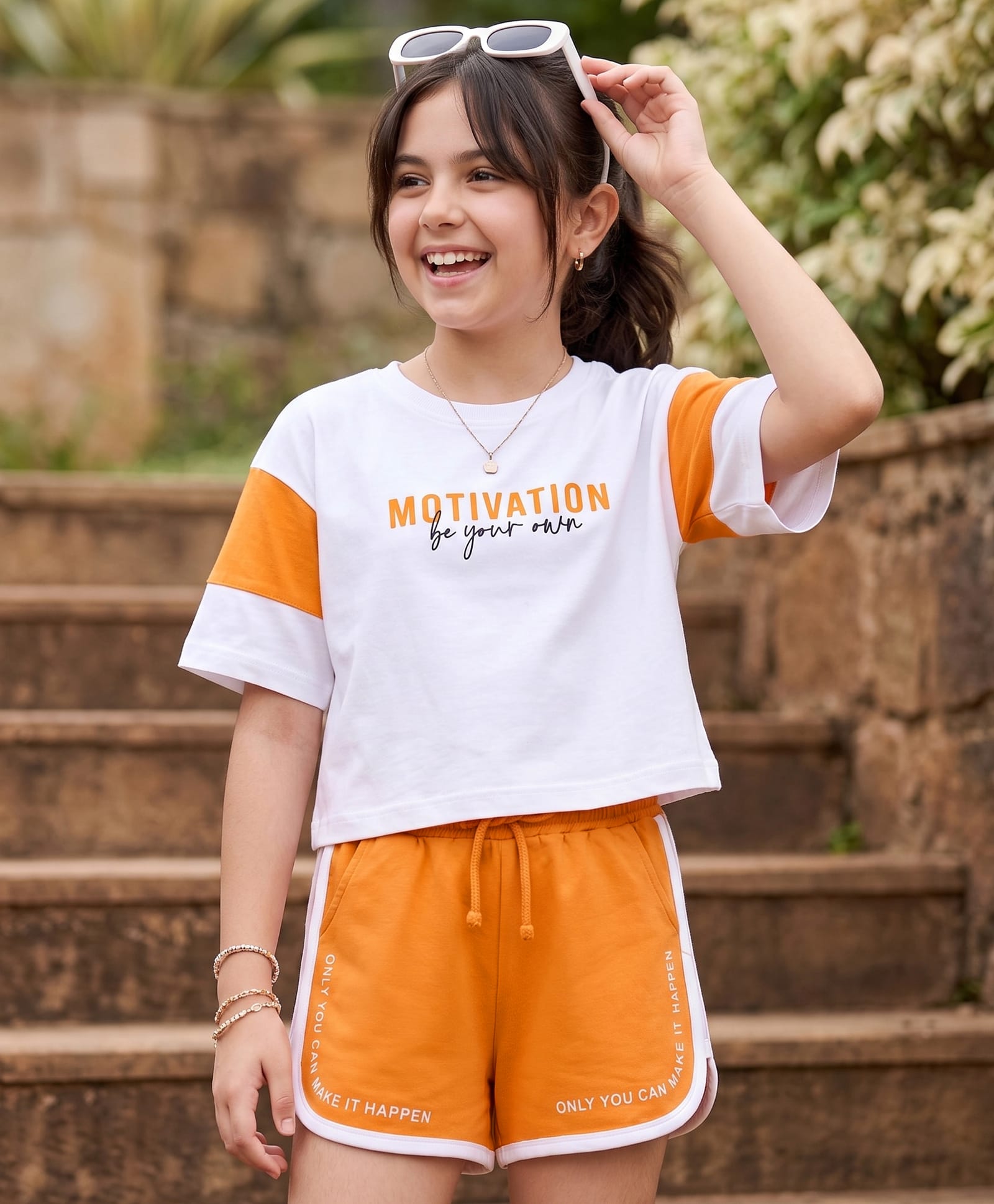 Pine Kids Cotton Knit Half Sleeves Text Printed Top & Shorts Set - White & Orange-image-14
