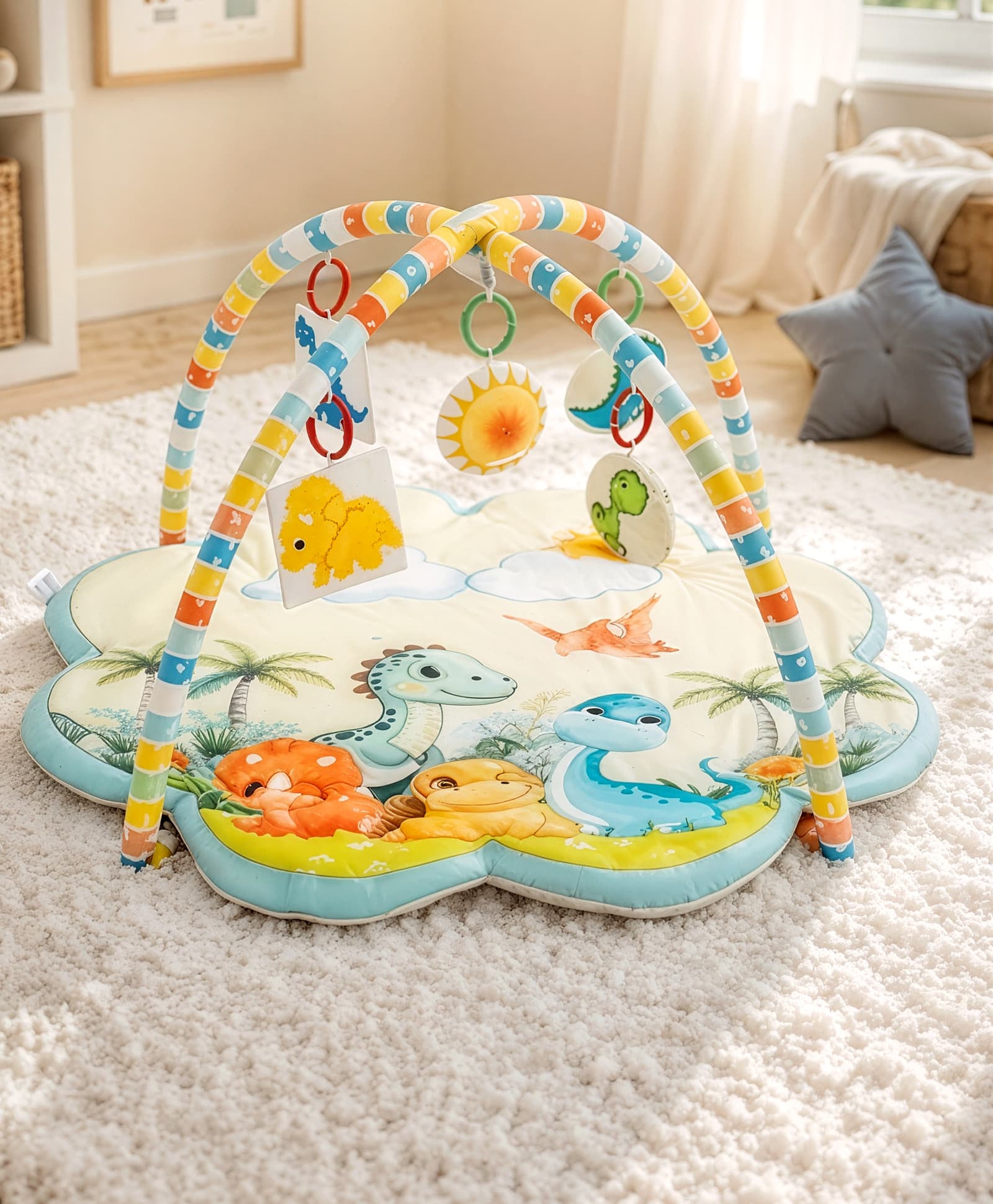 Bonfino Dino Theme Play Gym with Hanging Toys| Soft Activity Play Mat| Portable & Easy to Carry with Detachable Rattling Toys| Motor Skill Development | Ideal Gift for 2+ Months Babies| BIS Certified-picture-22
