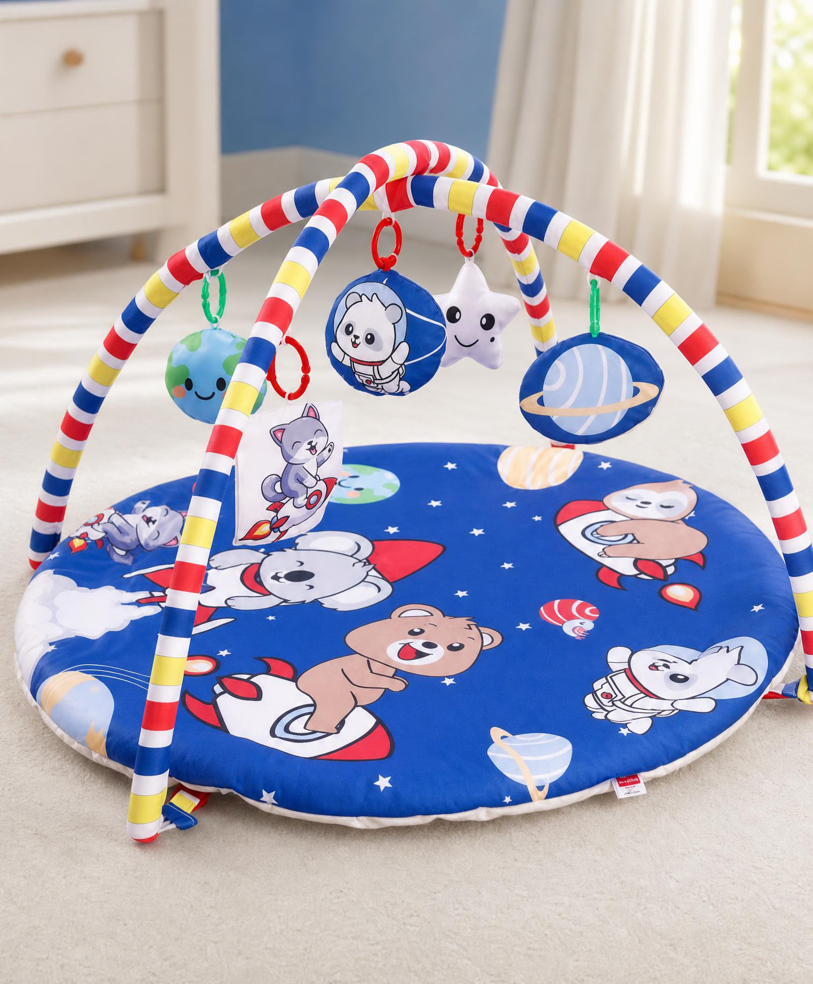 Babyhug Animal in Space Theme Play Gym with Hanging Toys Soft Activity Play Mat for Babies Detachable Rattling Toys Portable & Foldable| Motor Skill Development Ideal for Gifting BIS Certified - Blue-image-23