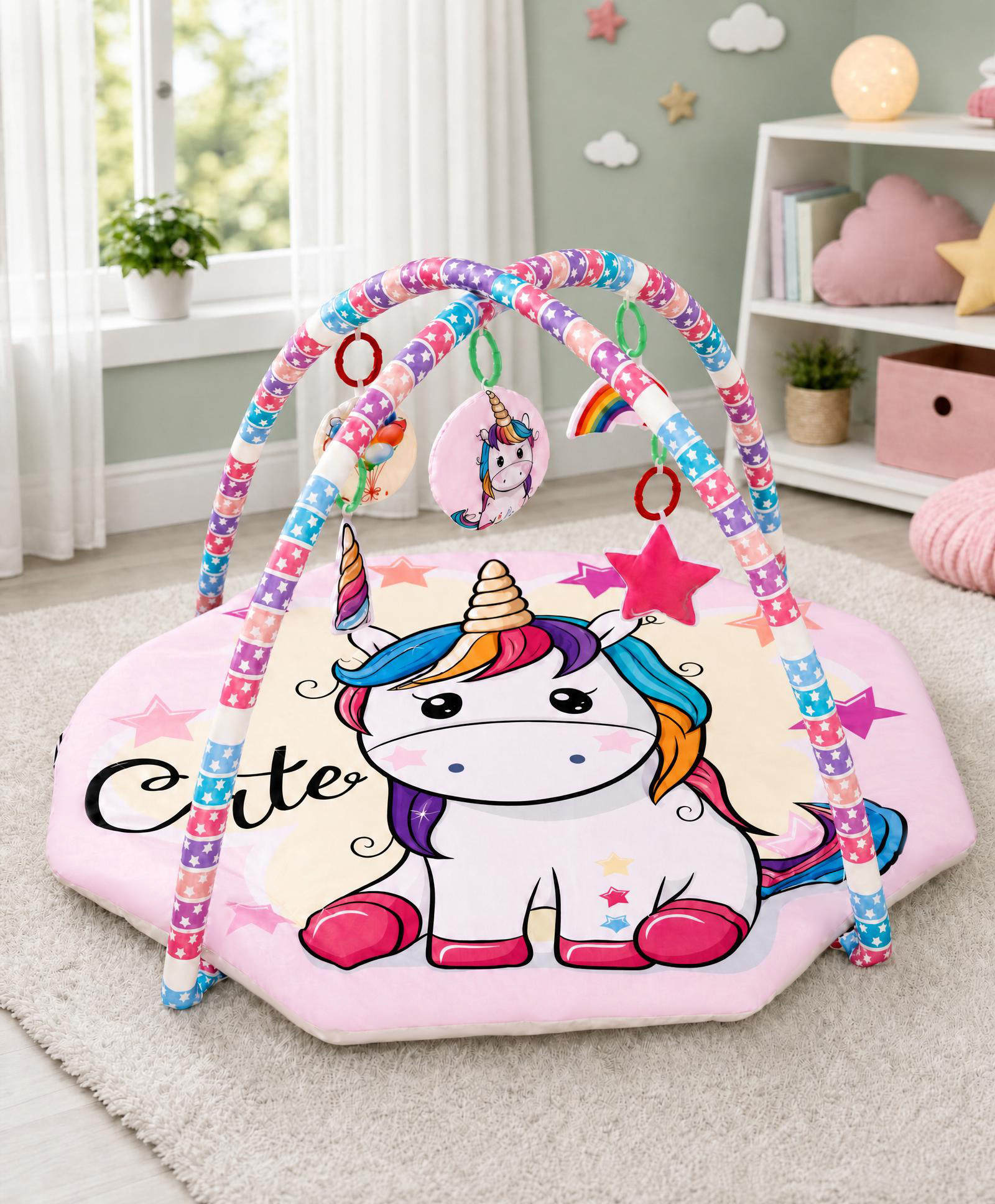 Babyhug Unicorn Theme Play Gym with Hanging Toys Soft Activity Play Mat for Babies Detachable Rattling Toys Portable & Foldable Motor Skill Development Ideal for Gifting BIS Certified - Multicolor-image-13