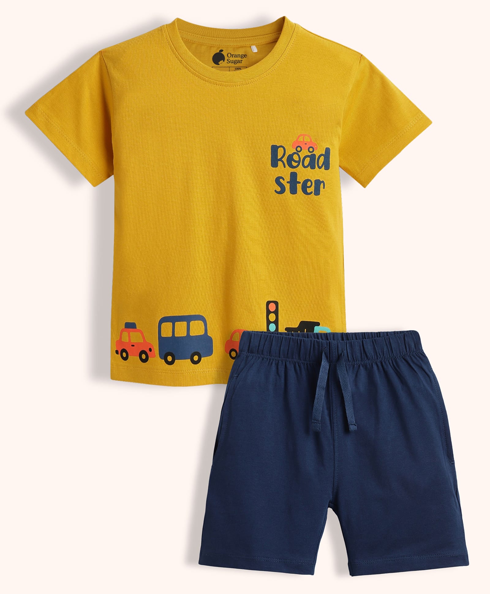 Orange Sugar 100% Cotton Knit Half Sleeves Cars & Roadster Text Printed Tee & Shorts Night Suit - Yellow & Blue-image-34