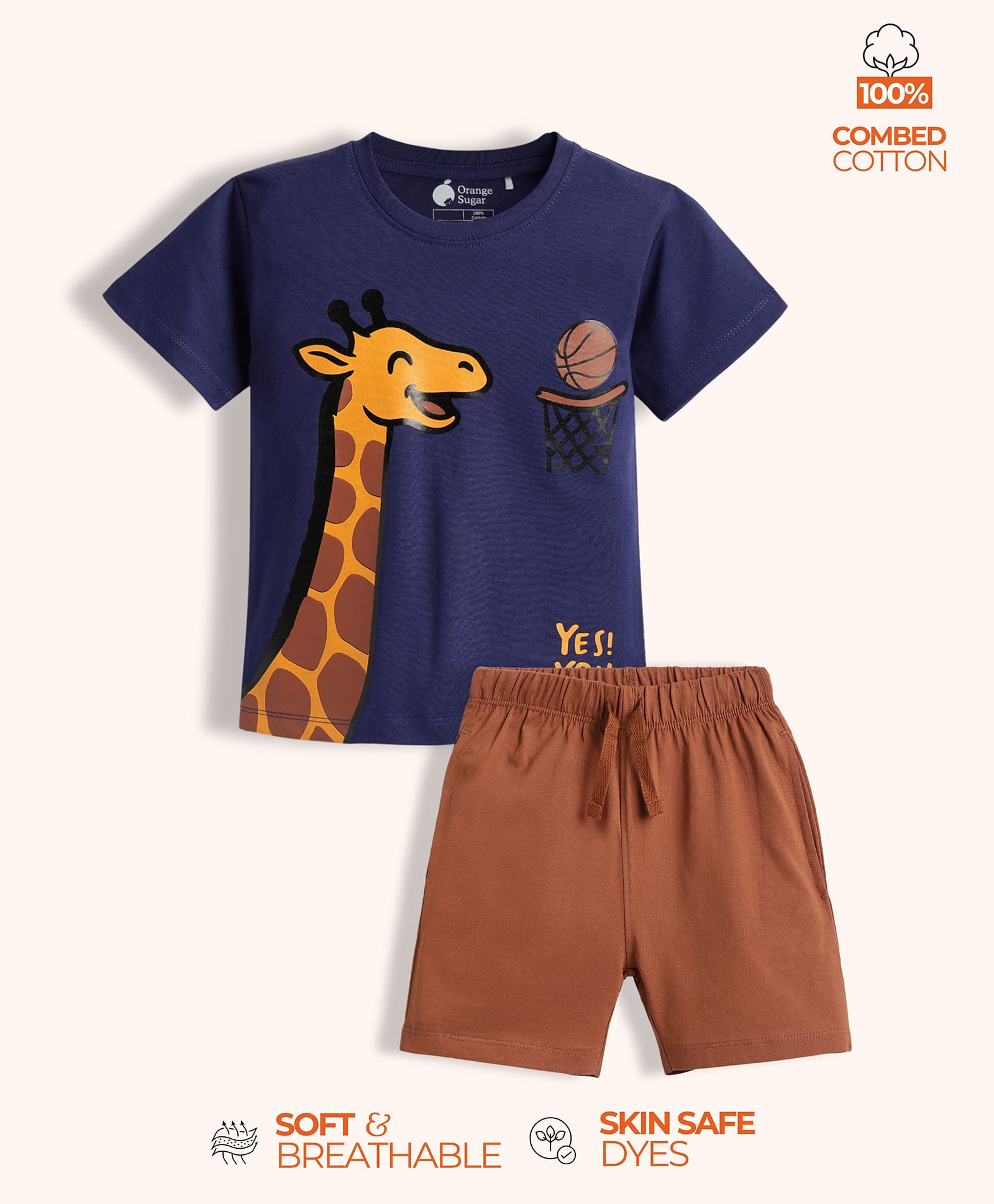 Orange Sugar 100% Cotton Knit Half Sleeves Giraffe & Yes You Can Text Printed Tee & Shorts Night Suit - Blue & Brown-image-23