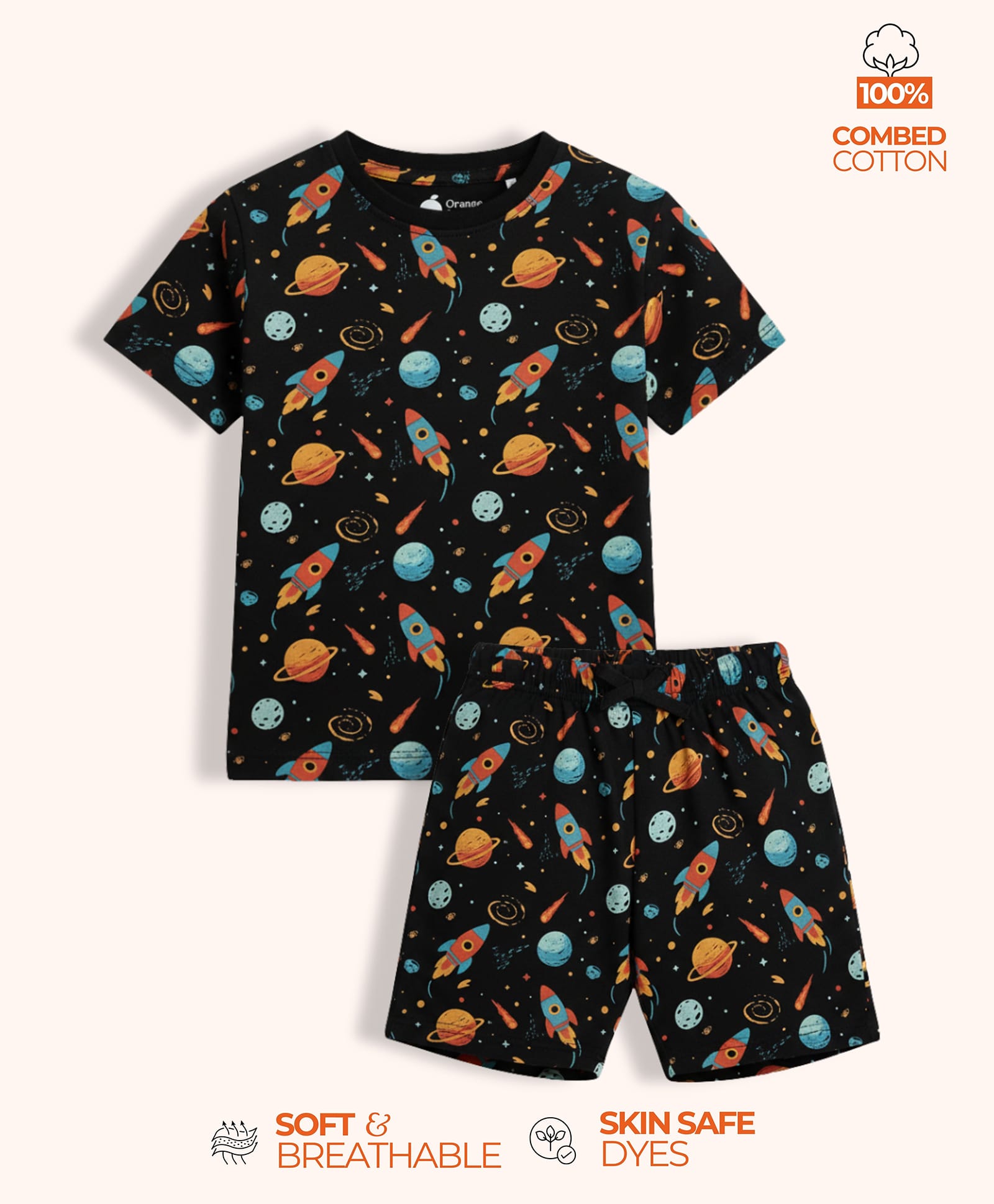 Orange Sugar 100% Cotton Knit Half Sleeves Space Theme Printed Coordinating Tee & Shorts Night Suit - Black-image-32