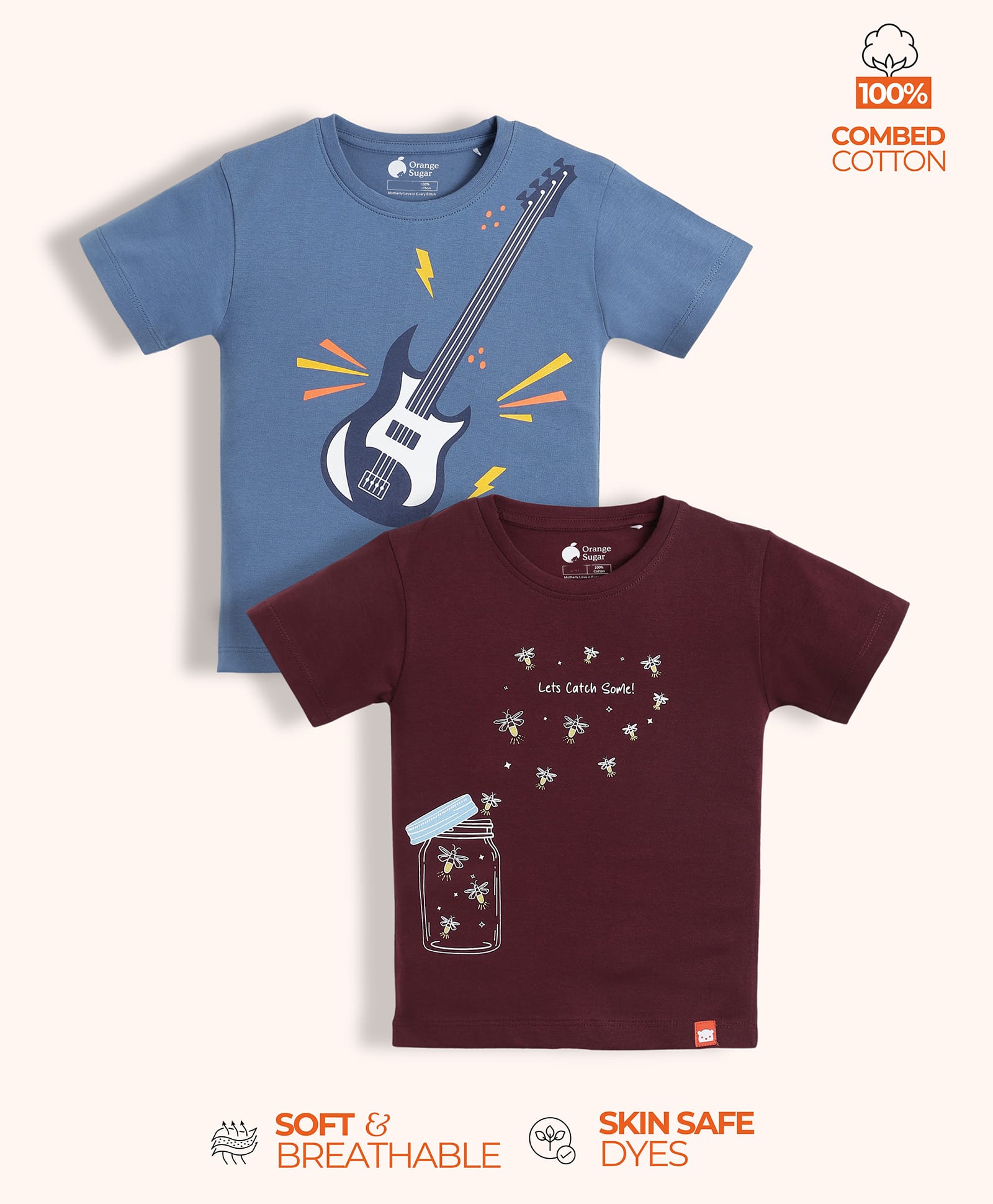 Orange Sugar 100% Cotton Knit Pack Of 2 Half Sleeves Firefly & Guitar Printed Tees - Wine & Blue-image-2