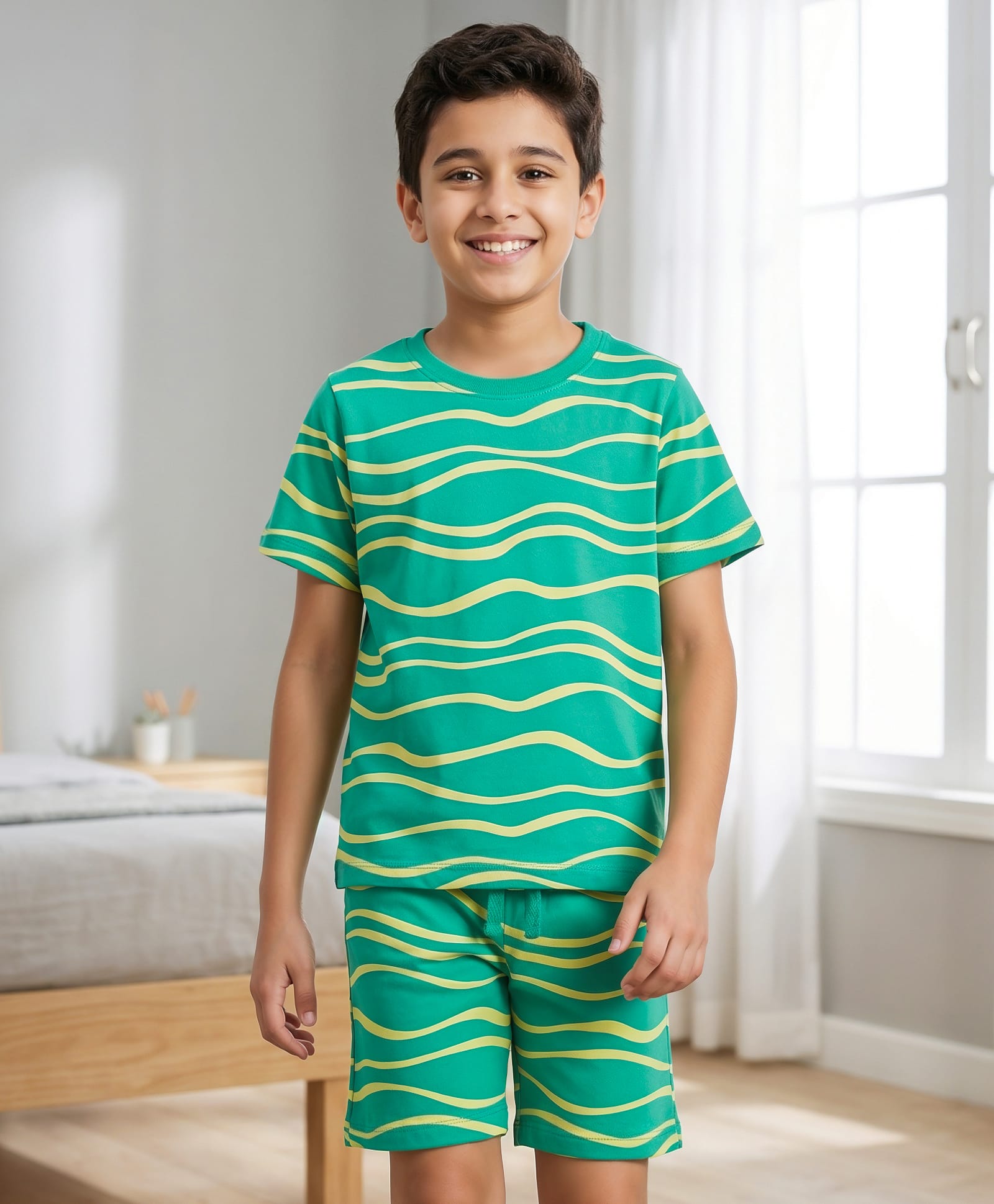 Pine Kids Cotton Knit Half Sleeves Printed T-Shirt & Shorts Co-ord Night Suit - Green-image-1