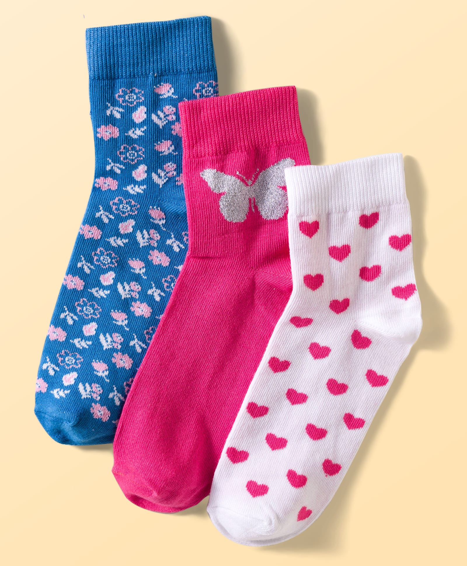 Pine Kids Cotton Knit Ankle Length Floral Butterfly & Hearts Printed Socks Pack Of 3 ( Colour May Vary )