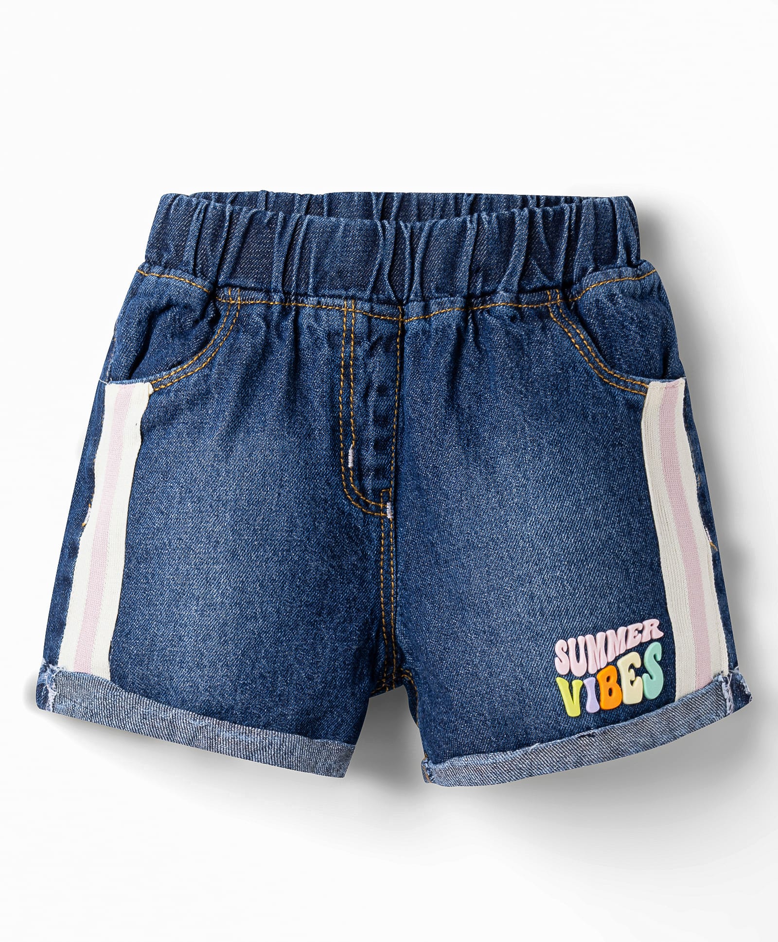 Little Kangaroos Denim Woven Above Knee Length Shorts with Summer Vibes Print & Tape Detailing - Navy Blue-picture-20