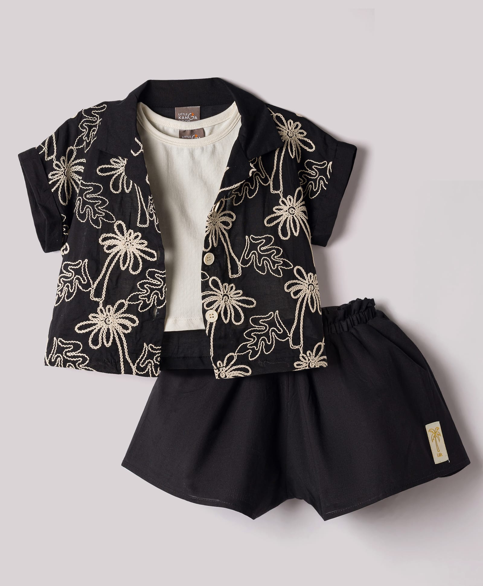 Little Kangaroos Cotton Woven Half Sleeves Top & Shorts With T-Shirt & Floral Embroidery - Black-image-22