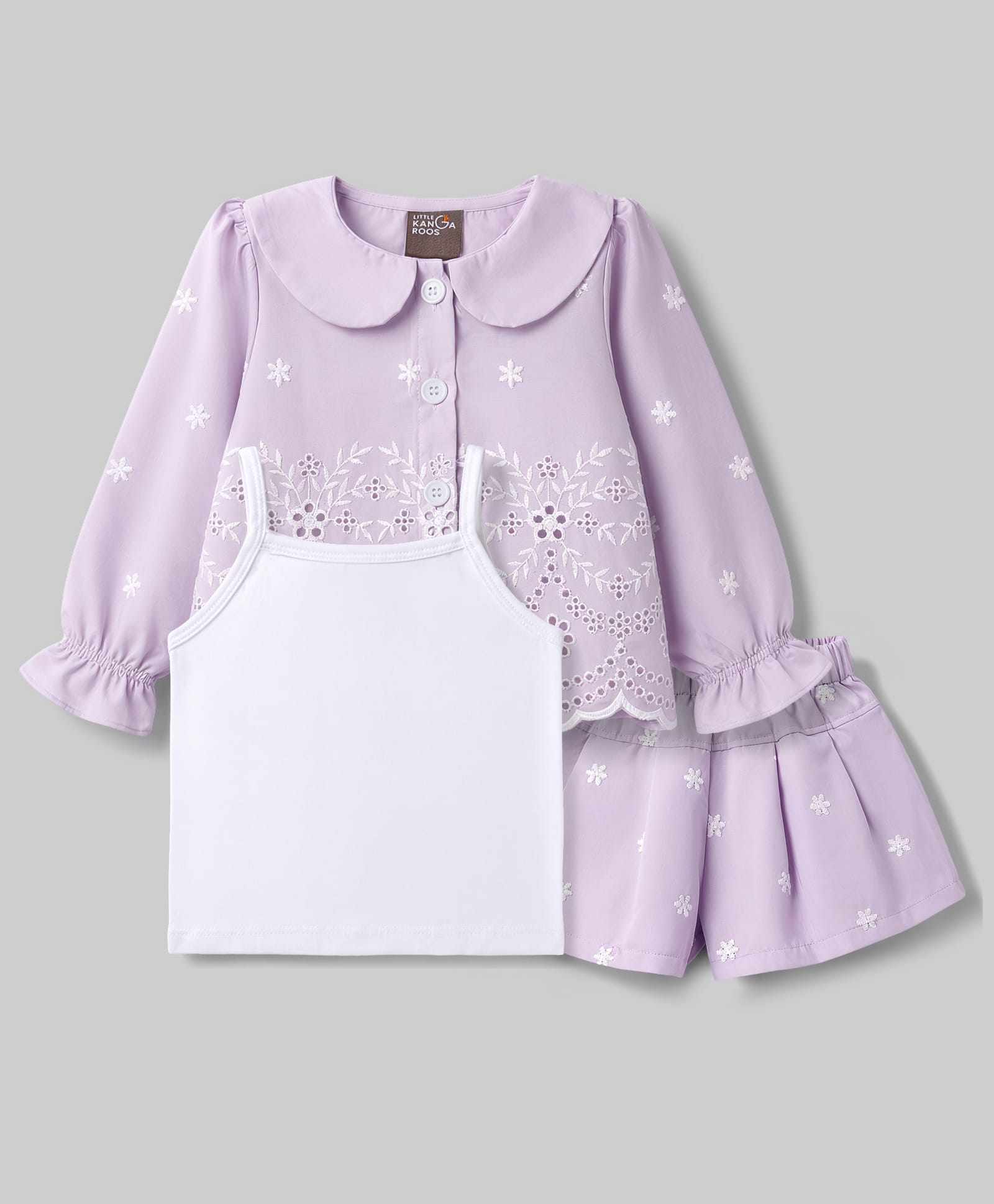 Little Kangaroos Cotton Woven Full Sleeves Floral Embroidered Peter Pan Collared Top & Shorts Set With Innerwear - Purple-image-26