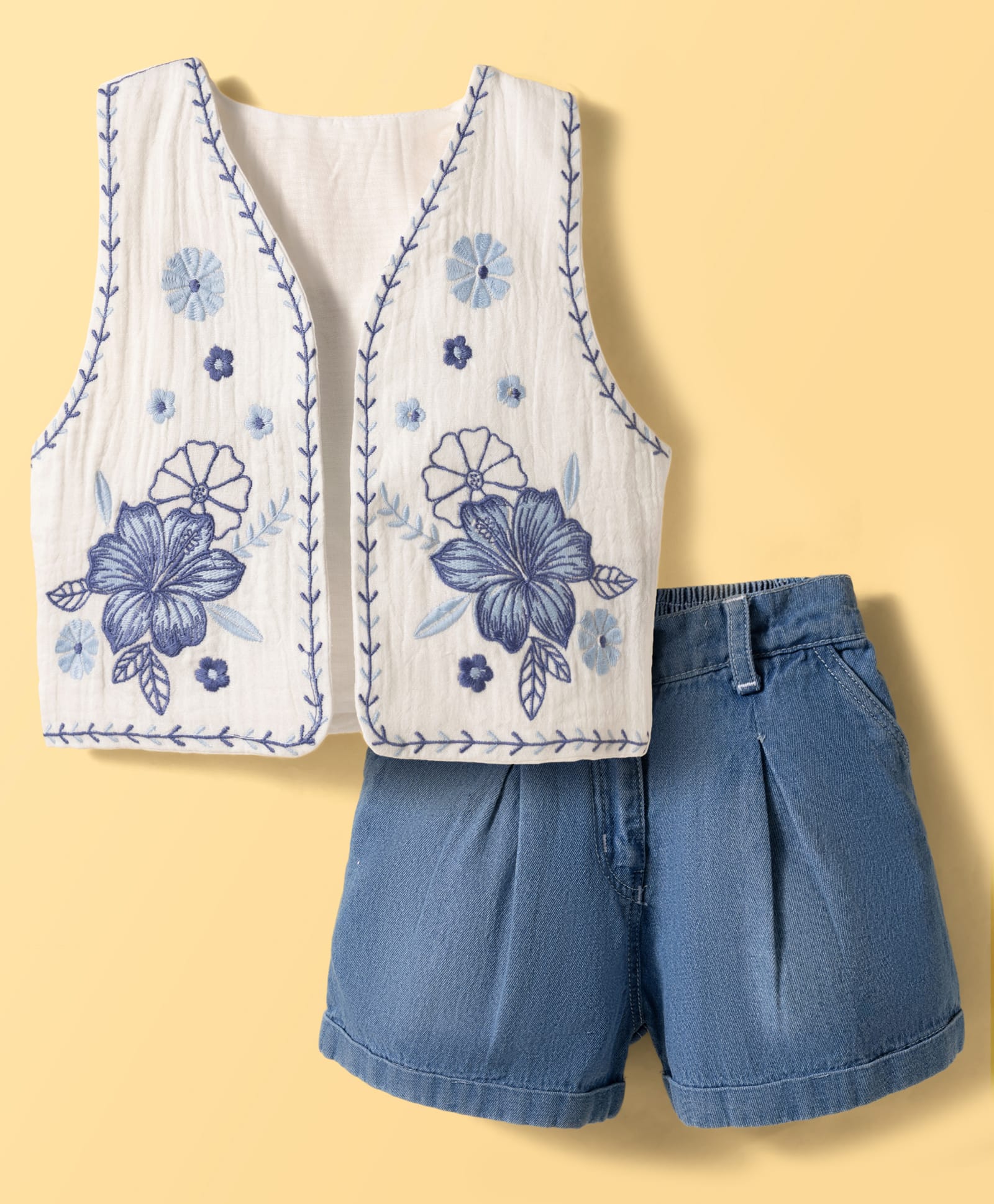 Little Kangaroos Cotton Woven Sleeveless Top & Shorts Set with Floral Embroidery - Light Blue-picture-22