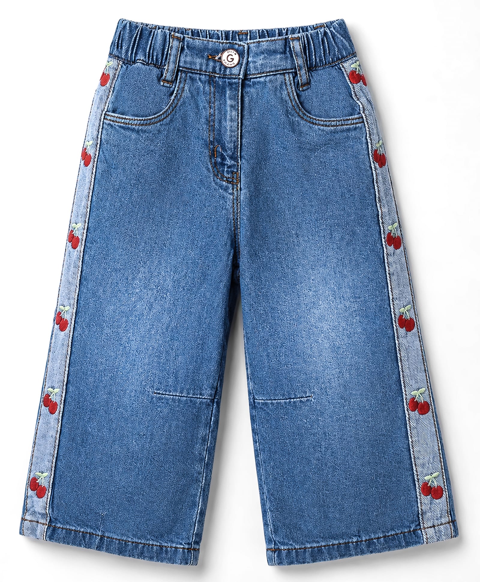 Little Kangaroos Full Length Denim Jeans with Cherry Embroidery - Light Blue-picture-19