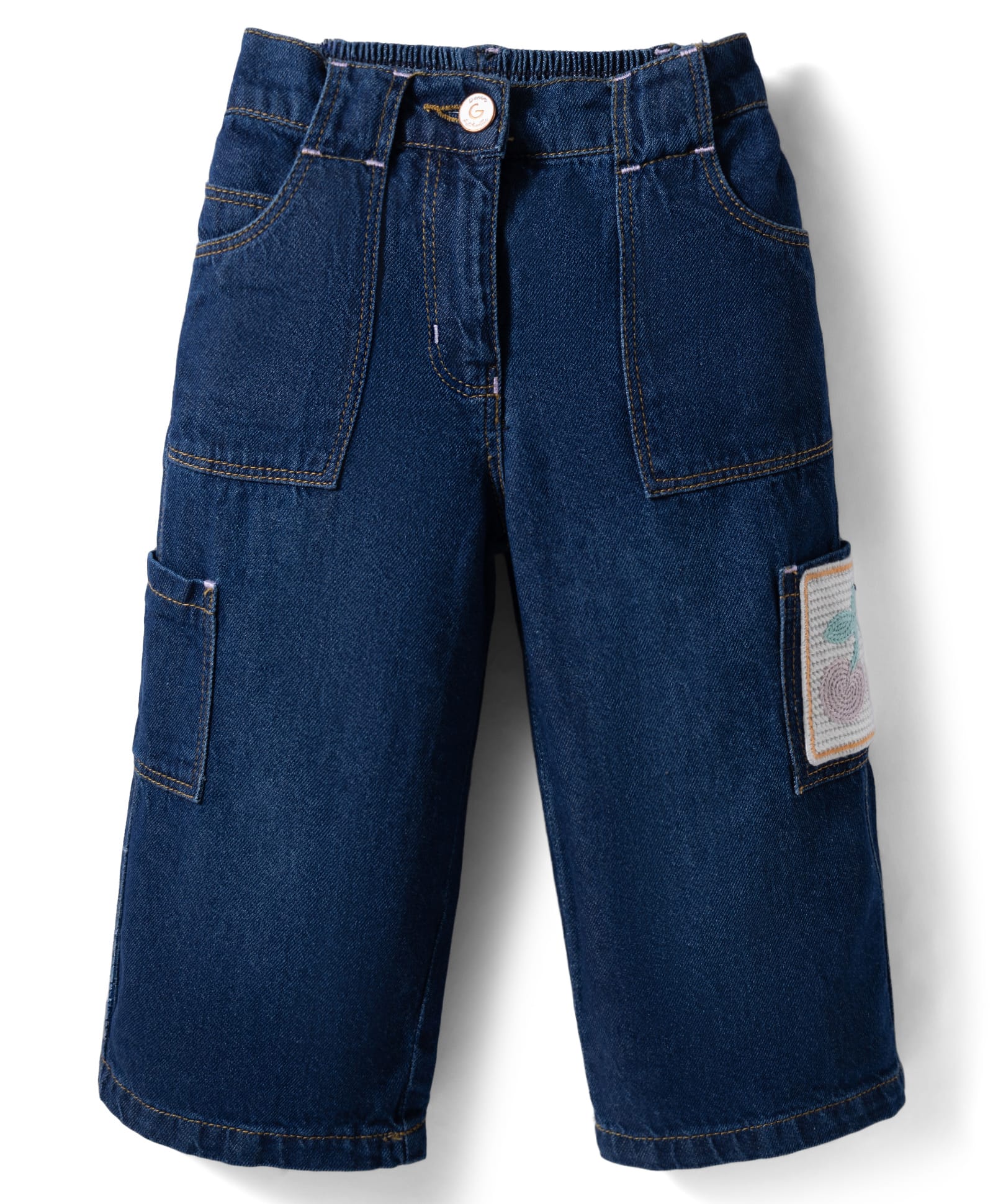 Little Kangaroos Full Length Denim Jeans with Floral Patch - Navy Blue-picture-33