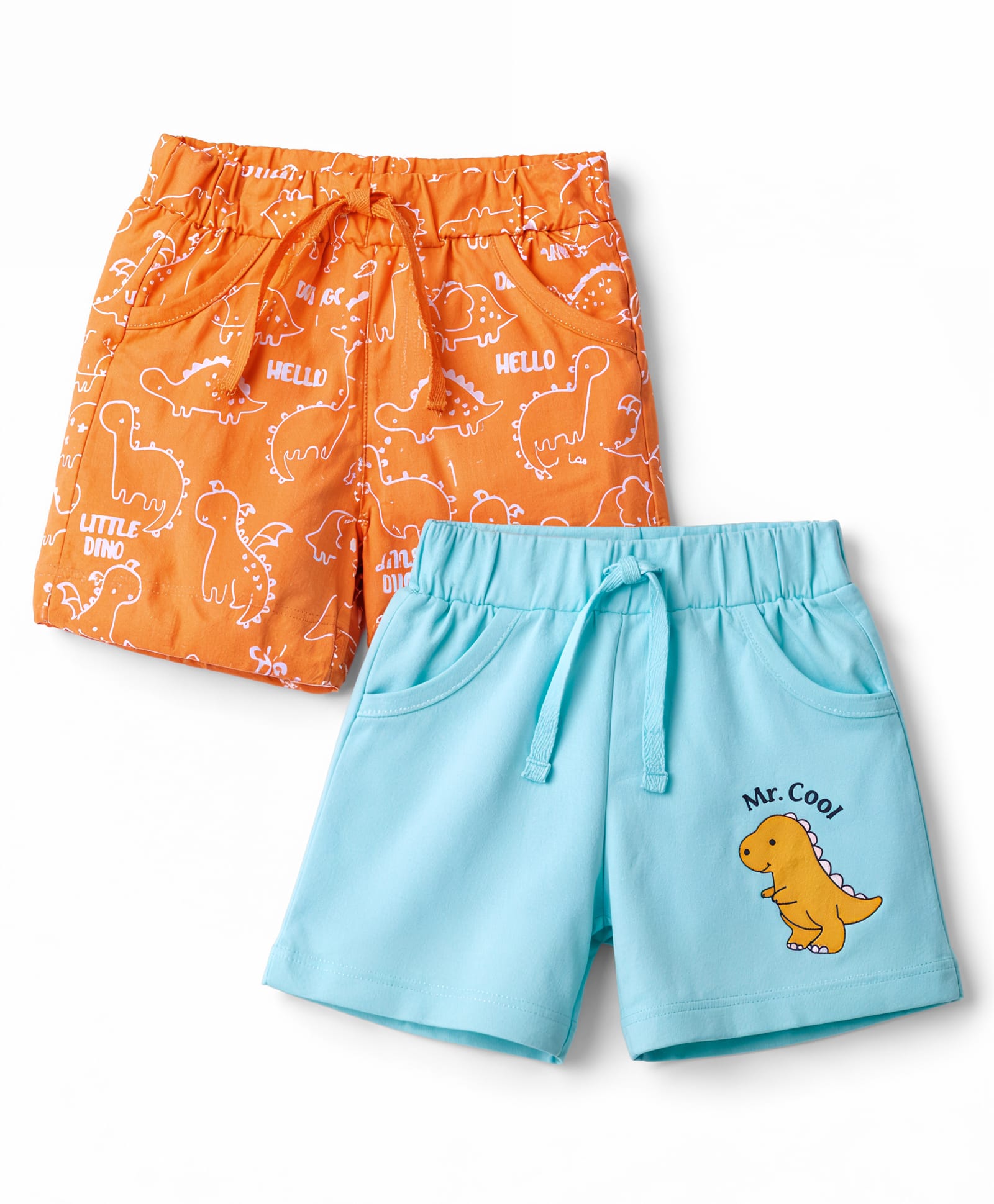 Doodle Poodle 100% Cotton Knit Knee Length Shorts with Dino Print Pack of 2 - Blue & Orange-picture-13