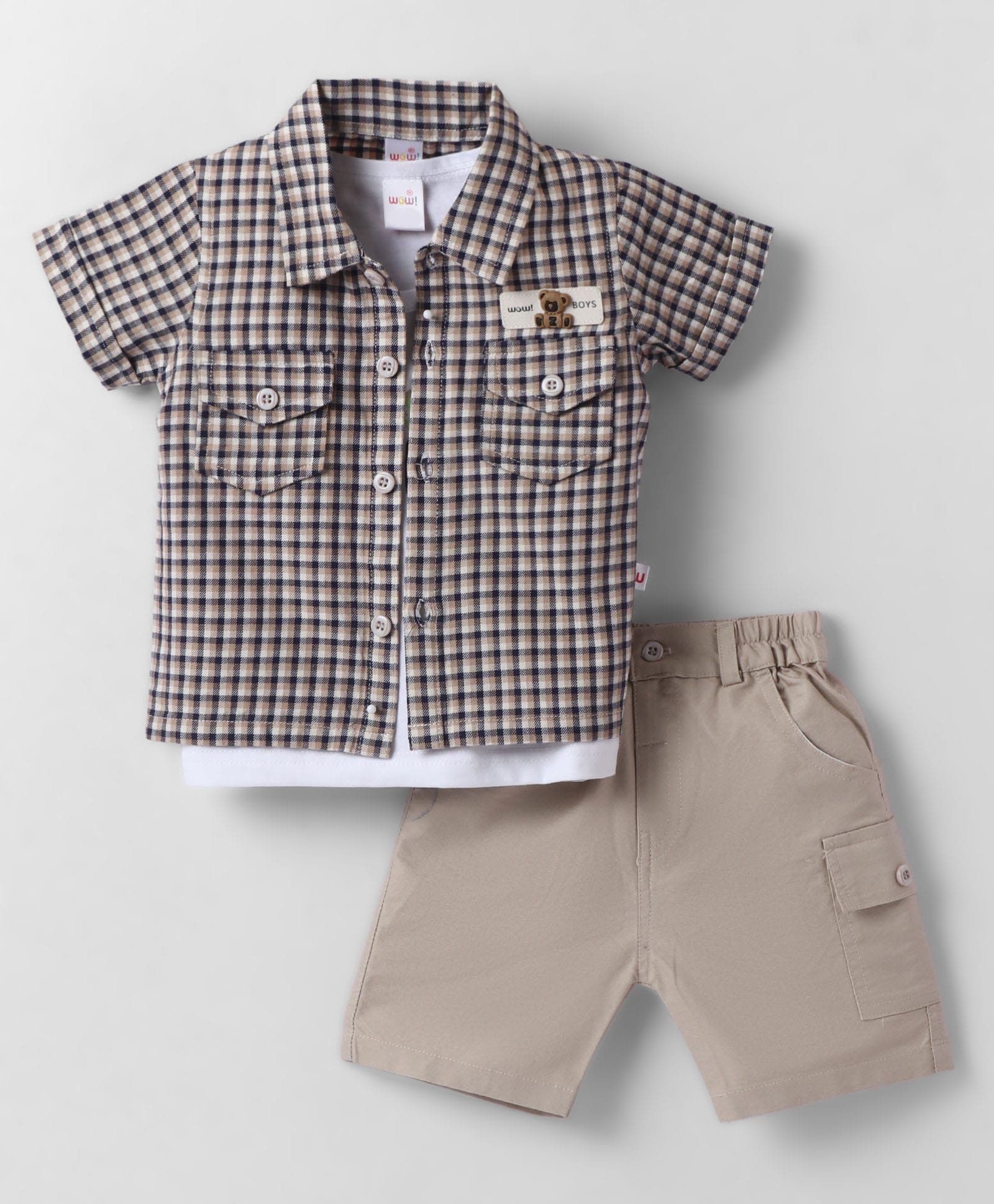 WOW Clothes Cotton Woven Half Sleeves Checks Shirt & Shorts Set with Inner Tee - Beige