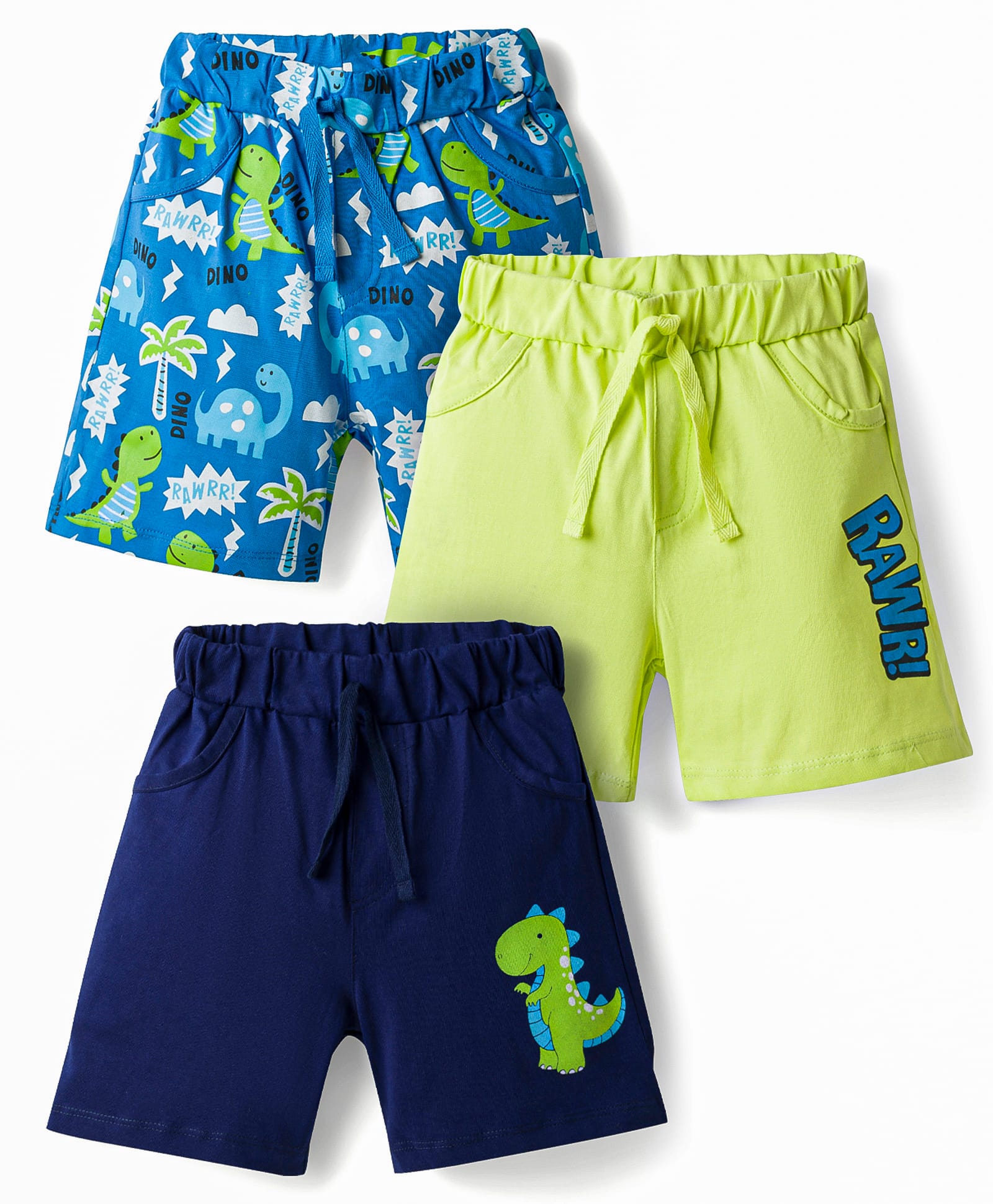 Doodle Poodle 100% Cotton Single Jersey Knit Knee Length Shorts With Dino Print Pack of 3 - Limegreen & Navy Blue-picture-13