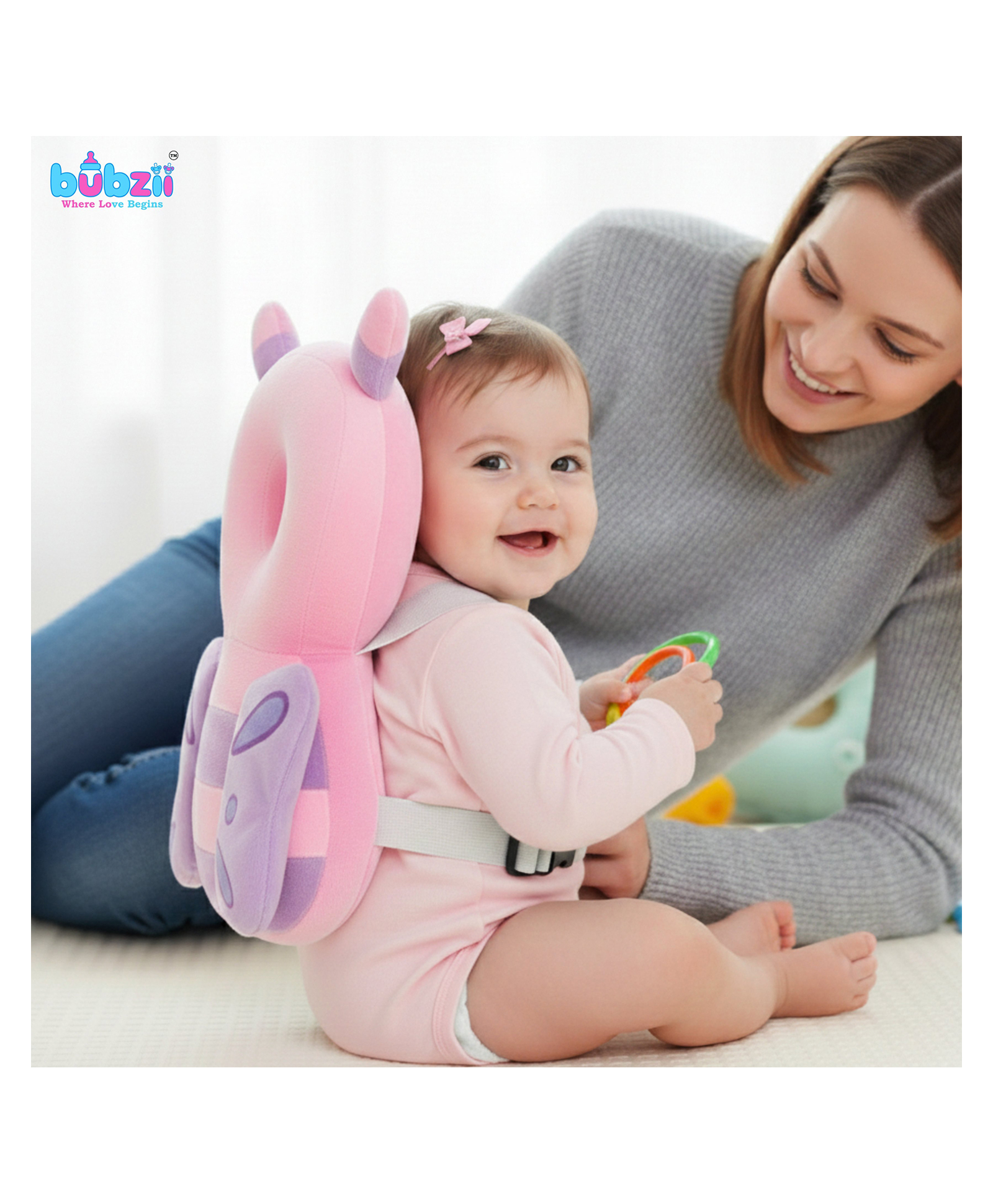 Baby Safety Head Protector Cushion Backpack Butterfly Design Soft Head Protection Pillow with Adjustable Chest Strap for Babies Pink Head Protector-image-25