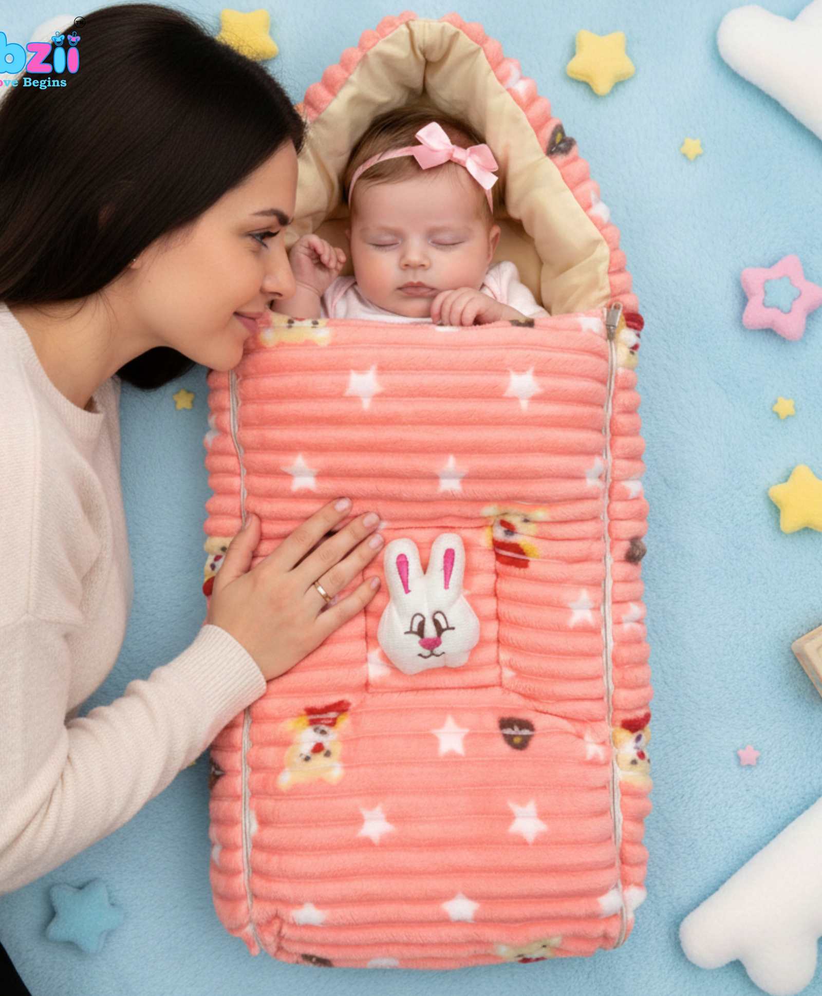 BUBZII Baby Velvet Sleeping Bag Peach 3 in 1 for New Born Big Baby Sleeping Bag Soft Snug Secure Sleeping Bag for New born 0to12 Months-image-1