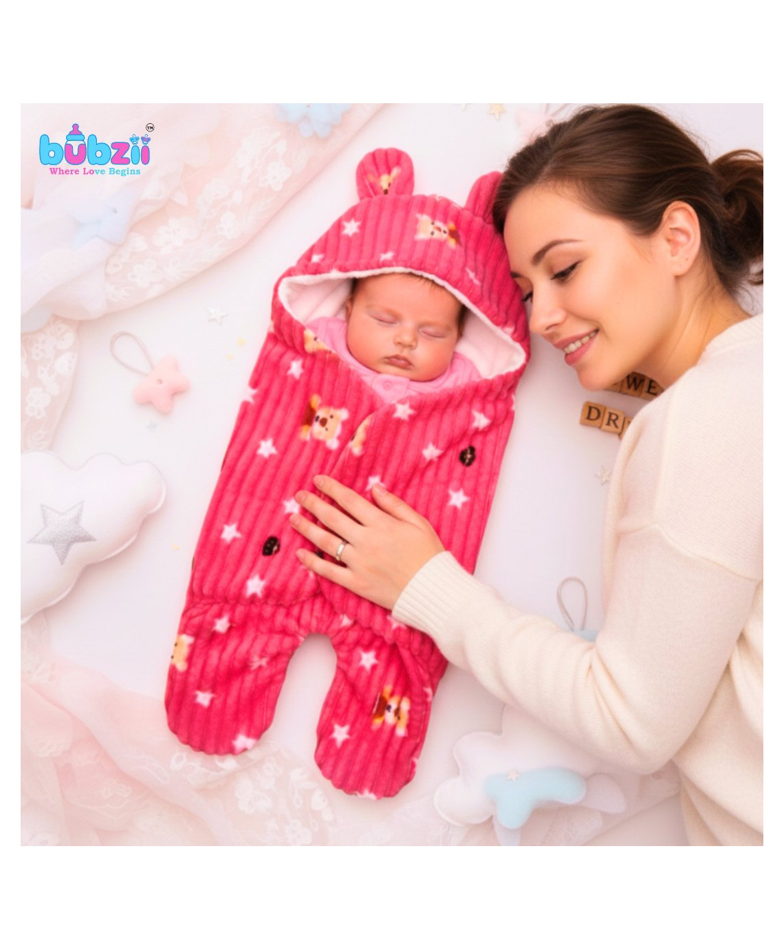 BUBZII Baby Velvet Swaddle Quilted Hooded Wrapper Blush Pink Soft & Breathable Fabric Warm Cozy Soothing Comfort for New born Hooded Wrapper Sleeping Bag-image-18