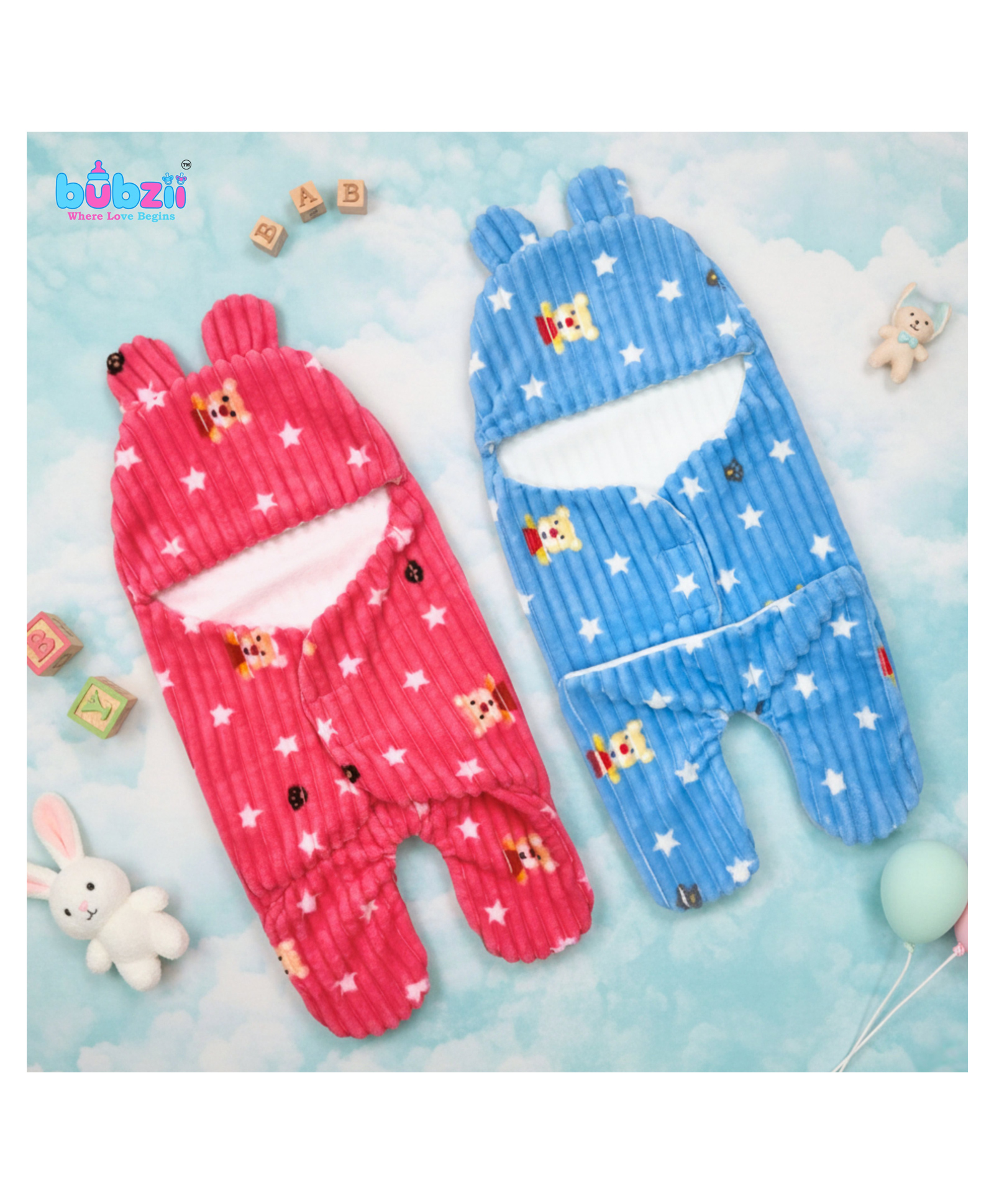BUBZII Baby Velvet Swaddle Set (Blush Pink & Sky Blue) Quilted Hooded Wrappers | Soft & Breathable Fabric | Warm, Cozy & Soothing Comfort for Newborns-image-3