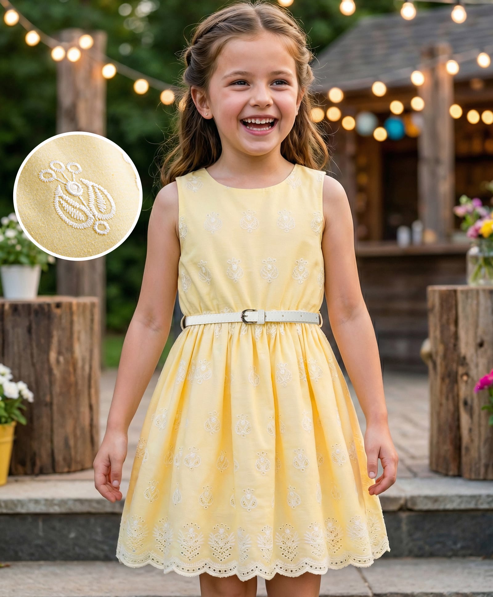 Hola Bonita Cotton Woven Sleeveless Schiffili Dress with Belt & Embroidery - Yellow-image-26