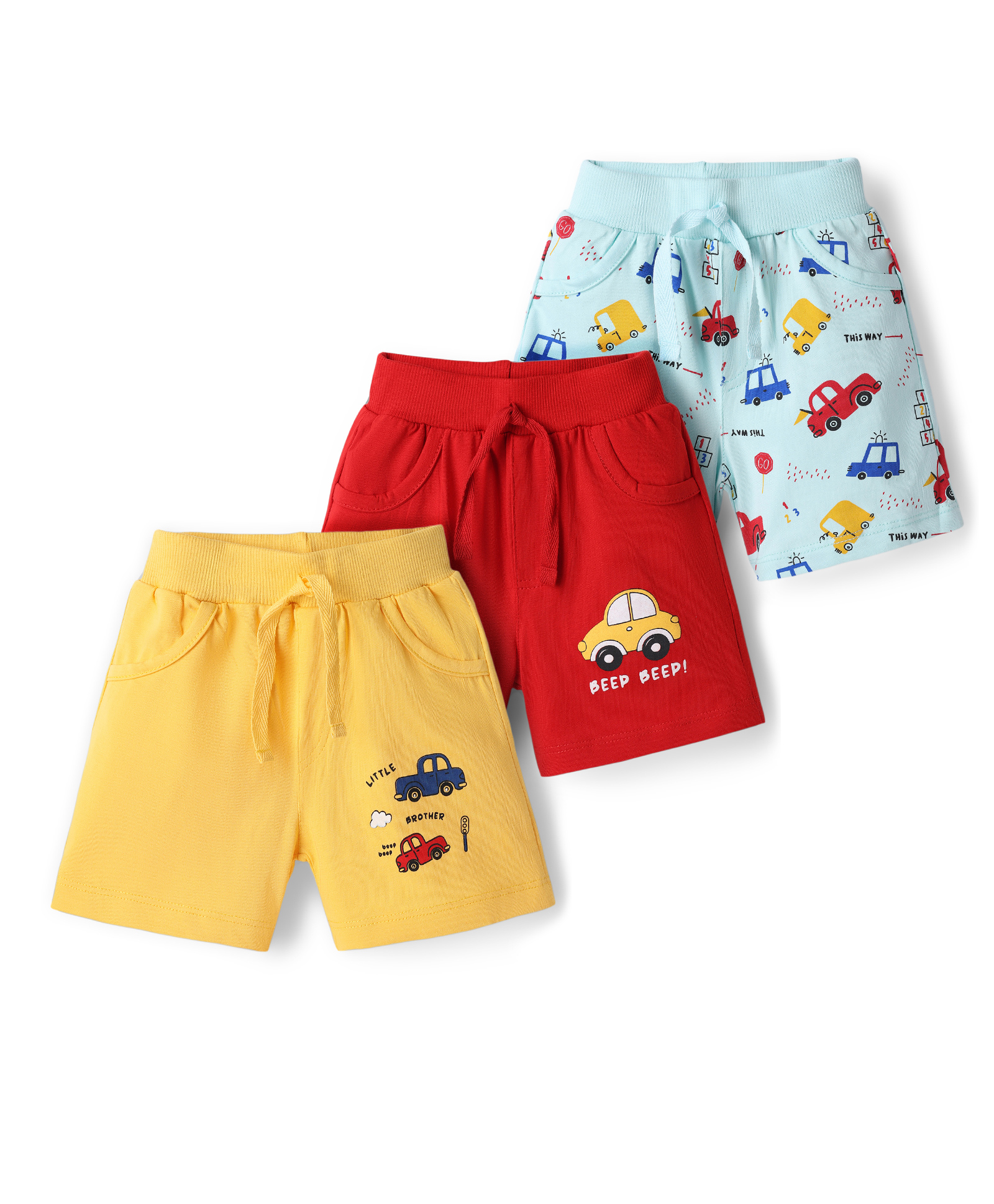 Doodle Poodle 100% Cotton Knit Knee Length Vehicles Printed Shorts Pack Of 3 - Aqua Blue Red & Yellow-picture-28
