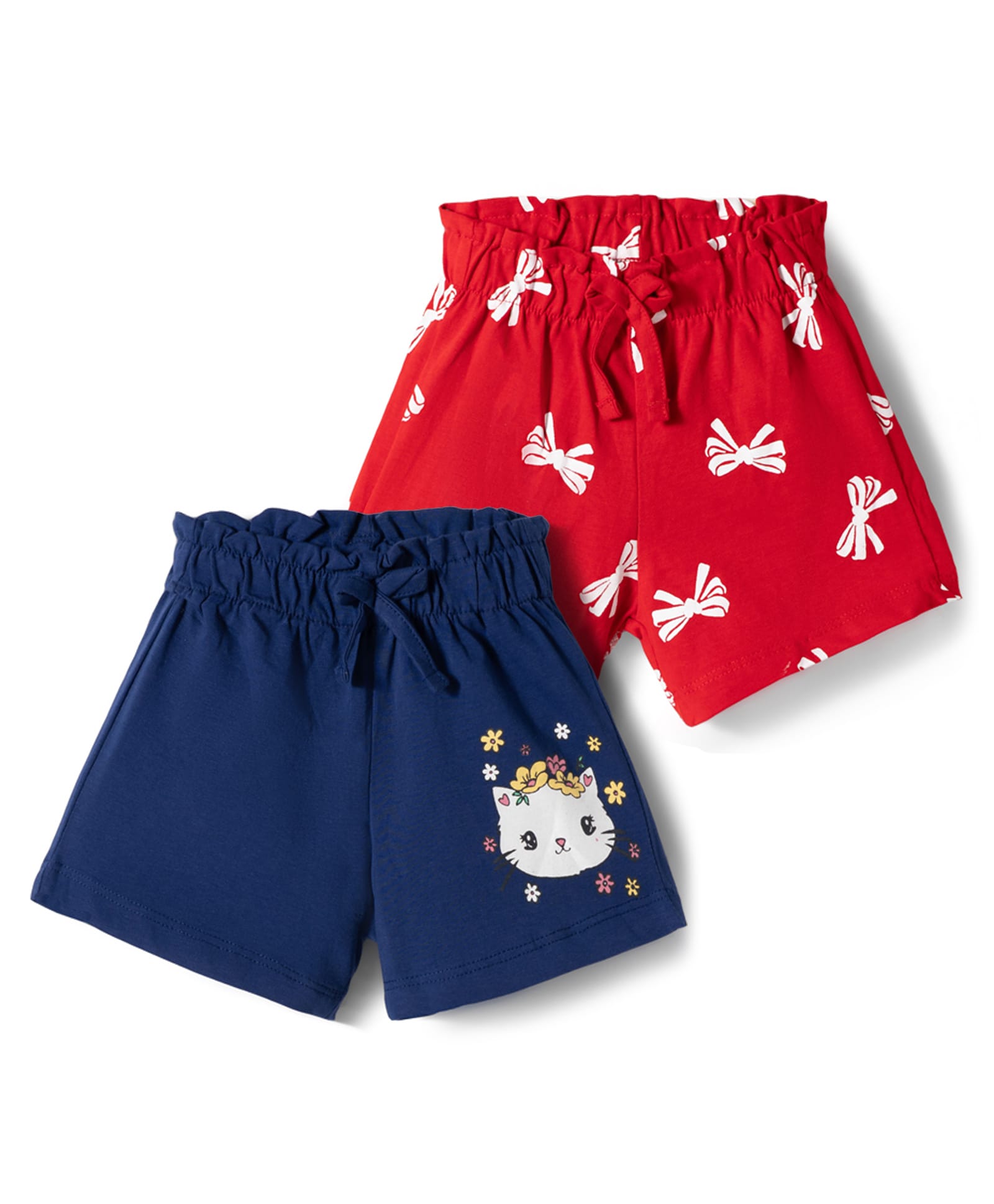 Doodle Poodle 100% Cotton Knit Knee Length Shorts with Kitty & Bow Print Pack of 2 - Red & Navy Blue-picture-35