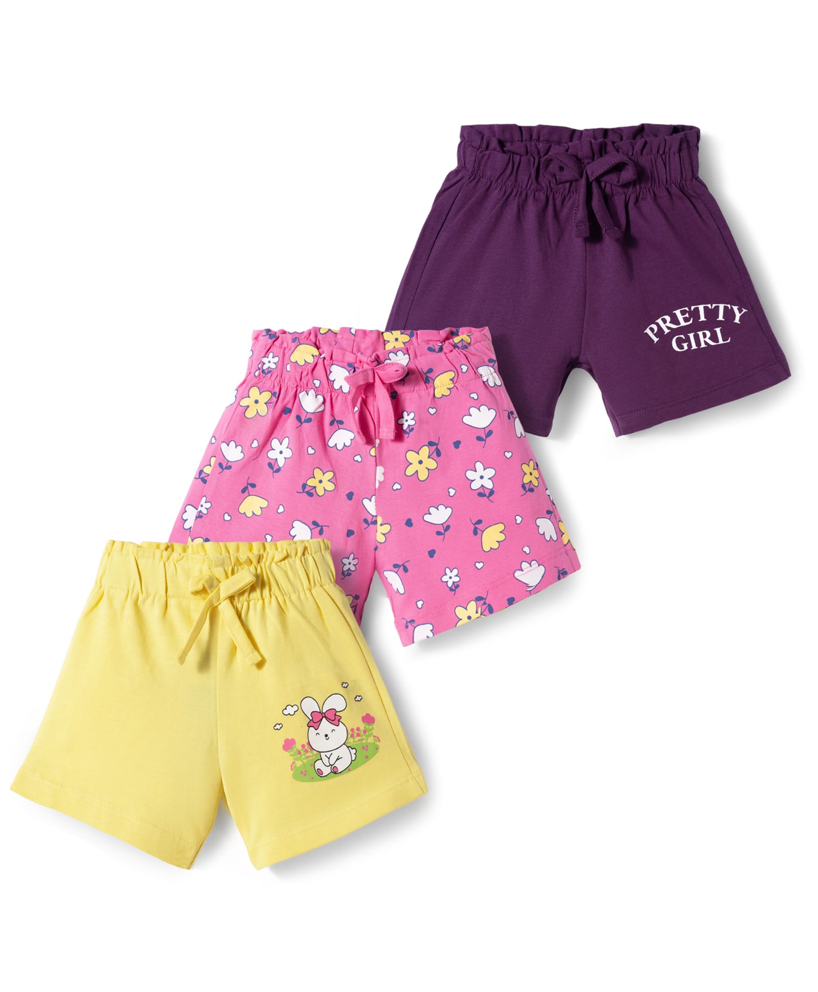 Doodle Poodle 100% Cotton Knit Knee Length Shorts with Floral & Bunny Print Pack of 3 - Voilet Pink & Yellow-picture-17