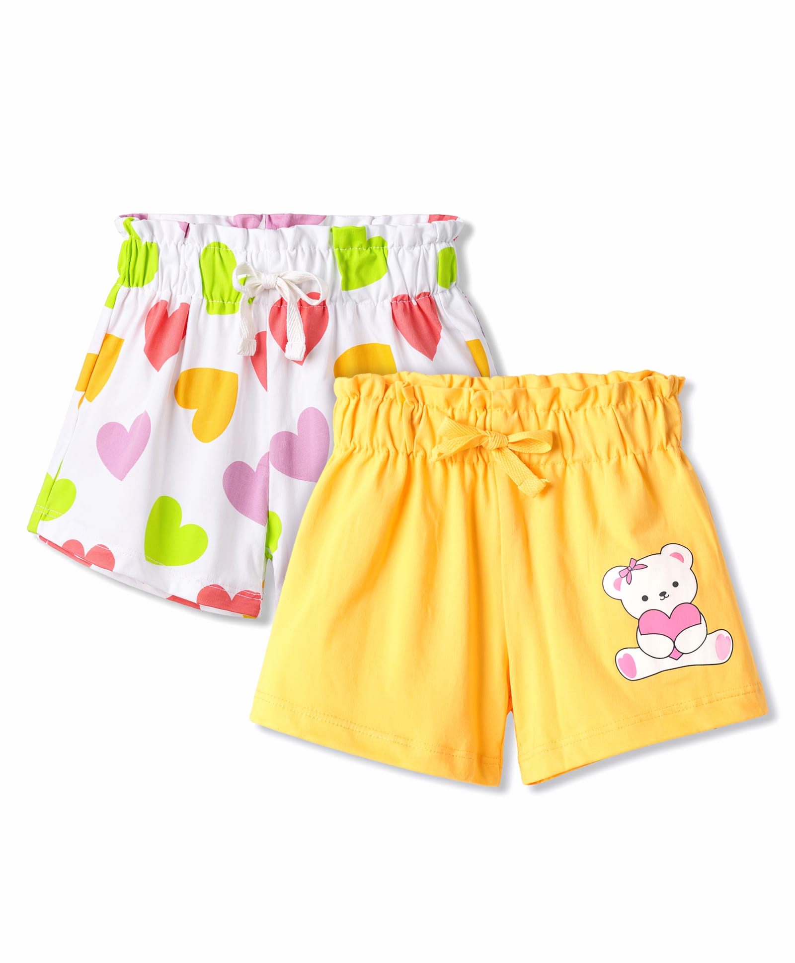 Doodle Poodle 100% Cotton Knit Knee Length Hearts & Teddy Bear Printed Shorts Pack Of 2 - White & Yellow-image-27