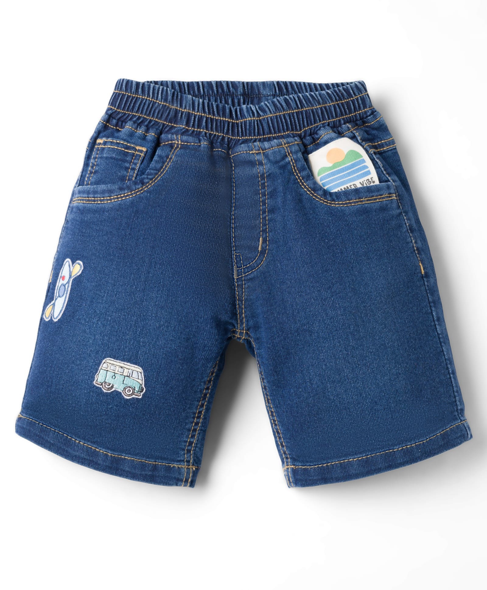 Little Kangaroos 100% Cotton Knee Length Denim Shorts With Beach Theme Embroidery - Navy Blue-picture-12