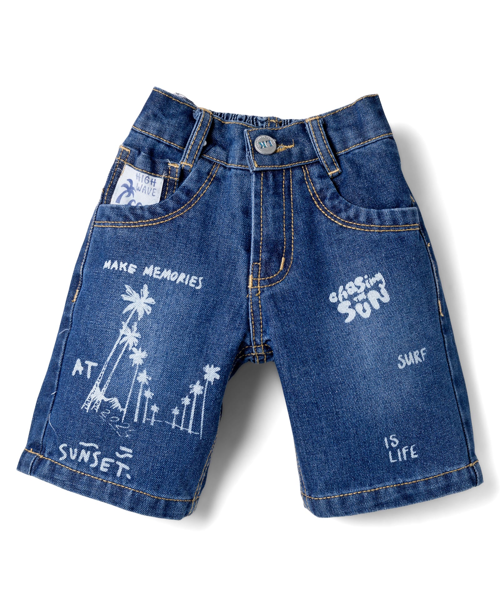 Little Kangaroos 100% Cotton Denim Knee Length Shorts With Beach Theme Print - Navy Blue-picture-14