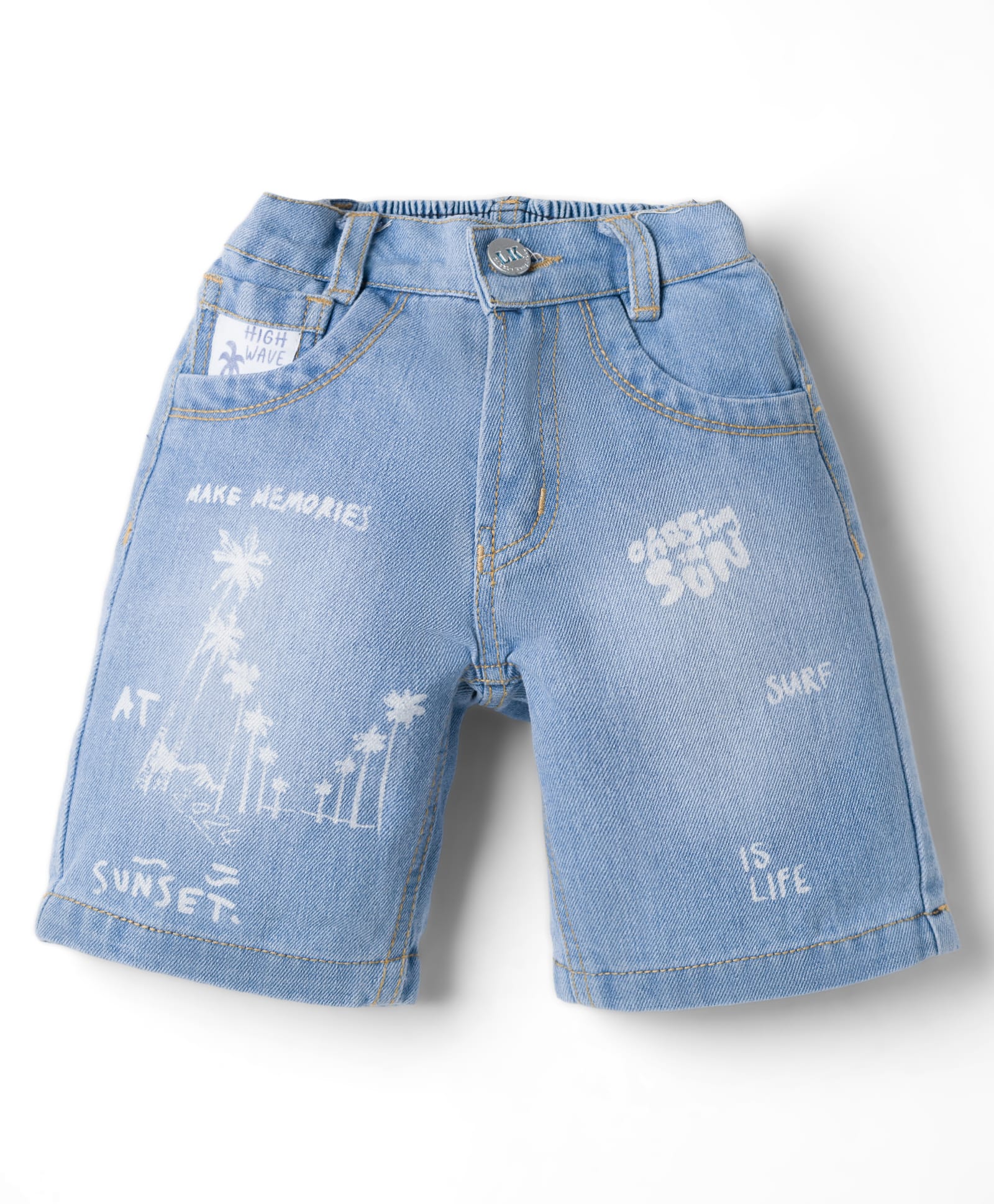 Little Kangaroos 100% Cotton Denim Knee Length Shorts With Beach Theme Print - Light Blue-picture-13