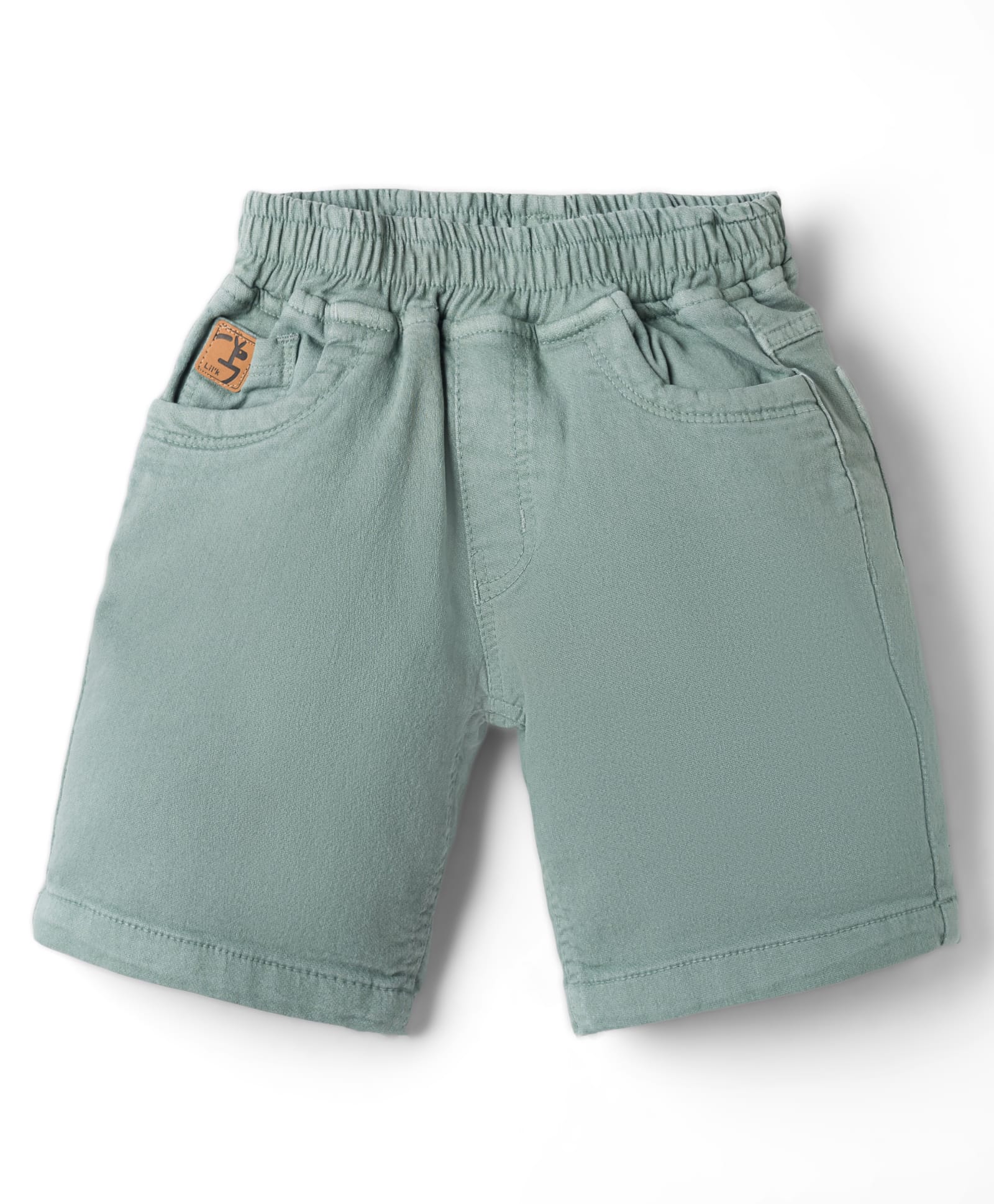 Little Kangaroos 100% Cotton Denim Knee Length Solid Shorts With Patch -Light Green-picture-29