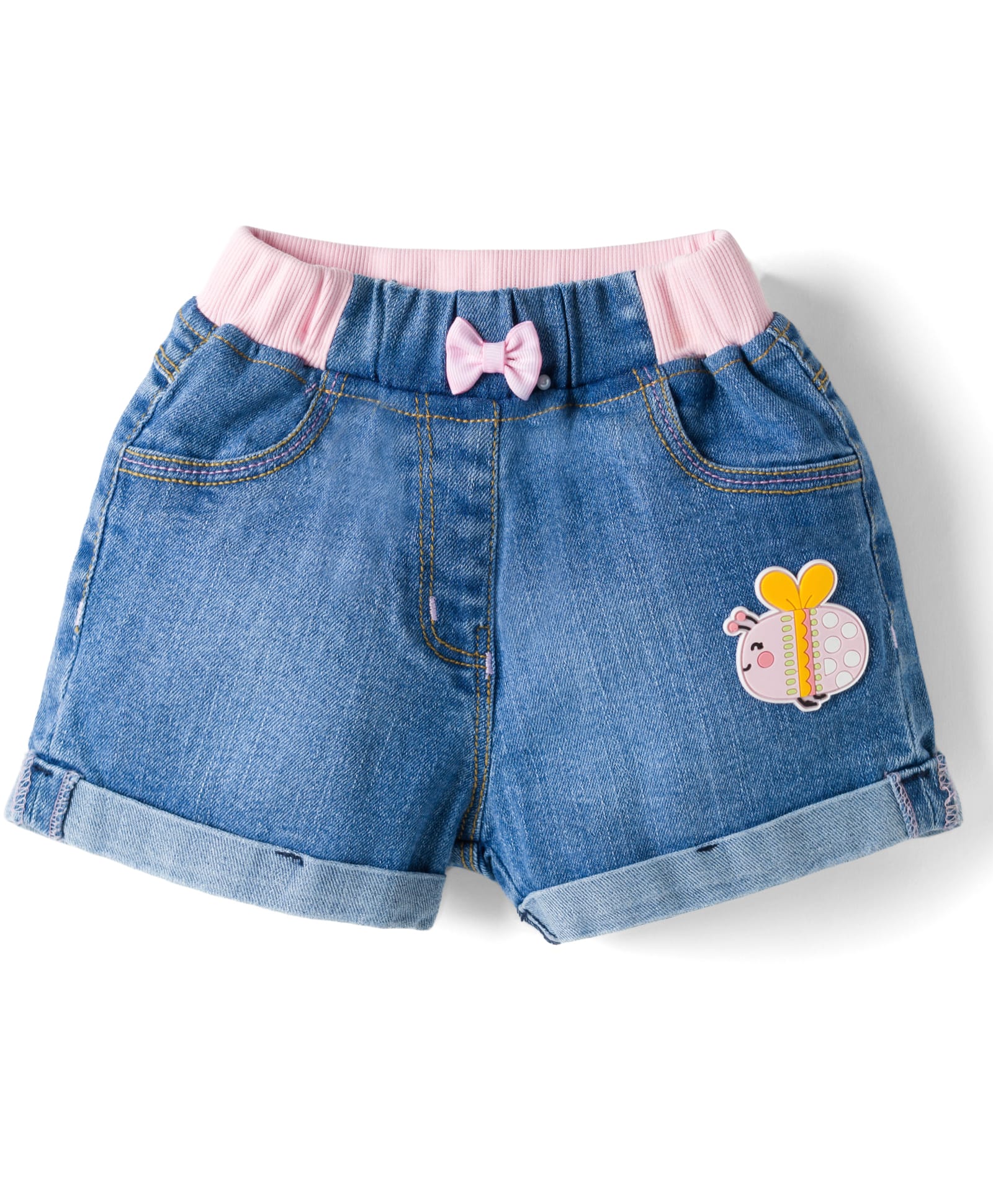 Little Kangaroos 100% Cotton Knee Length Denim Shorts With Patch & Bow Applique - Light Blue-picture-24