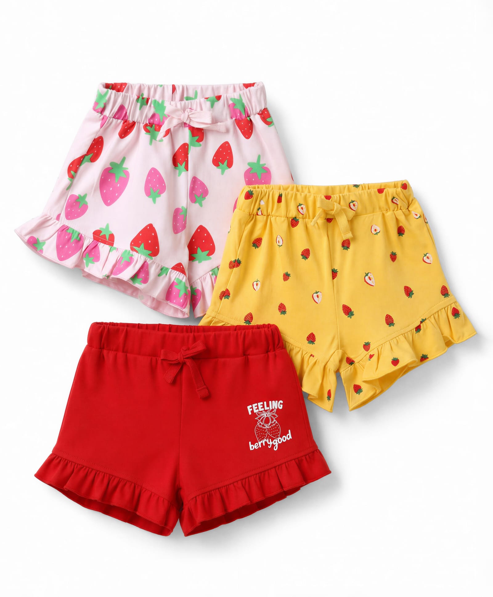 Doodle Poodle 100% Cotton Single Jersey Knit Knee Length Shorts With Strawberry & Text Print Pack of 3 - Yellow, Red & White-picture-14
