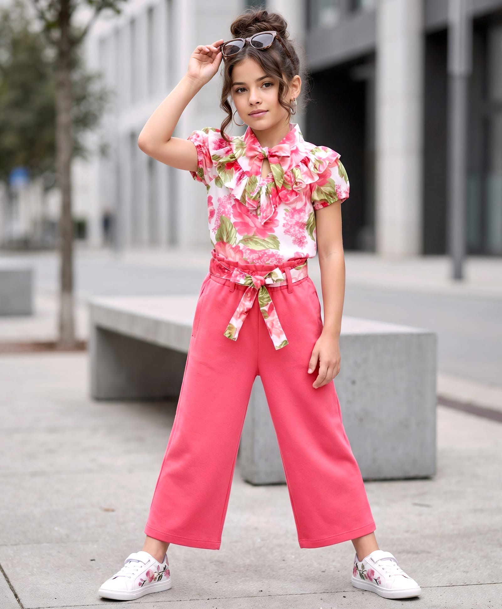 OLLINGTON ST. Woven Georgette Half Sleeves Printed Top & Knit Culottes Set - Multicolour & Pink-picture-26