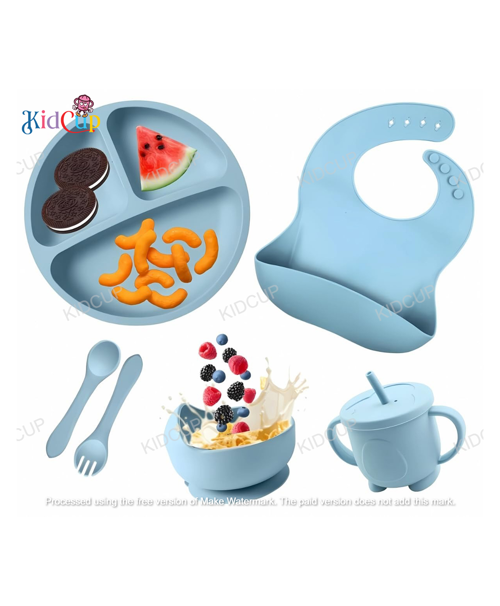Kidcup 6 Pcs Silicone Baby Feeding Set, BPA Free & Microwave Safe Dinner Tableware Kit - Feeding Bowl, Suction Plate, Cup, Spoon, Fork & Bib for Kids (blue)-image-43