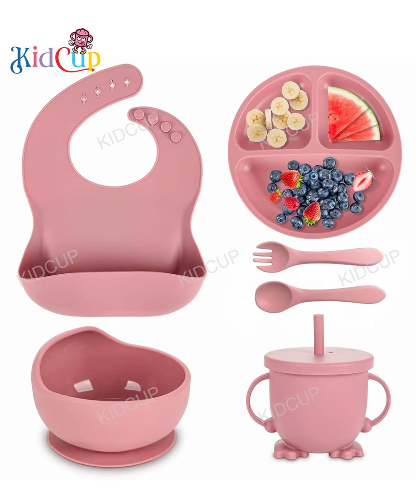 Kidcup 6 Pcs Silicone Baby Feeding Set, BPA Free & Microwave Safe Dinner Tableware Kit - Feeding Bowl, Suction Plate, Cup, Spoon, Fork & Bib for Kids (Pink)-image-44