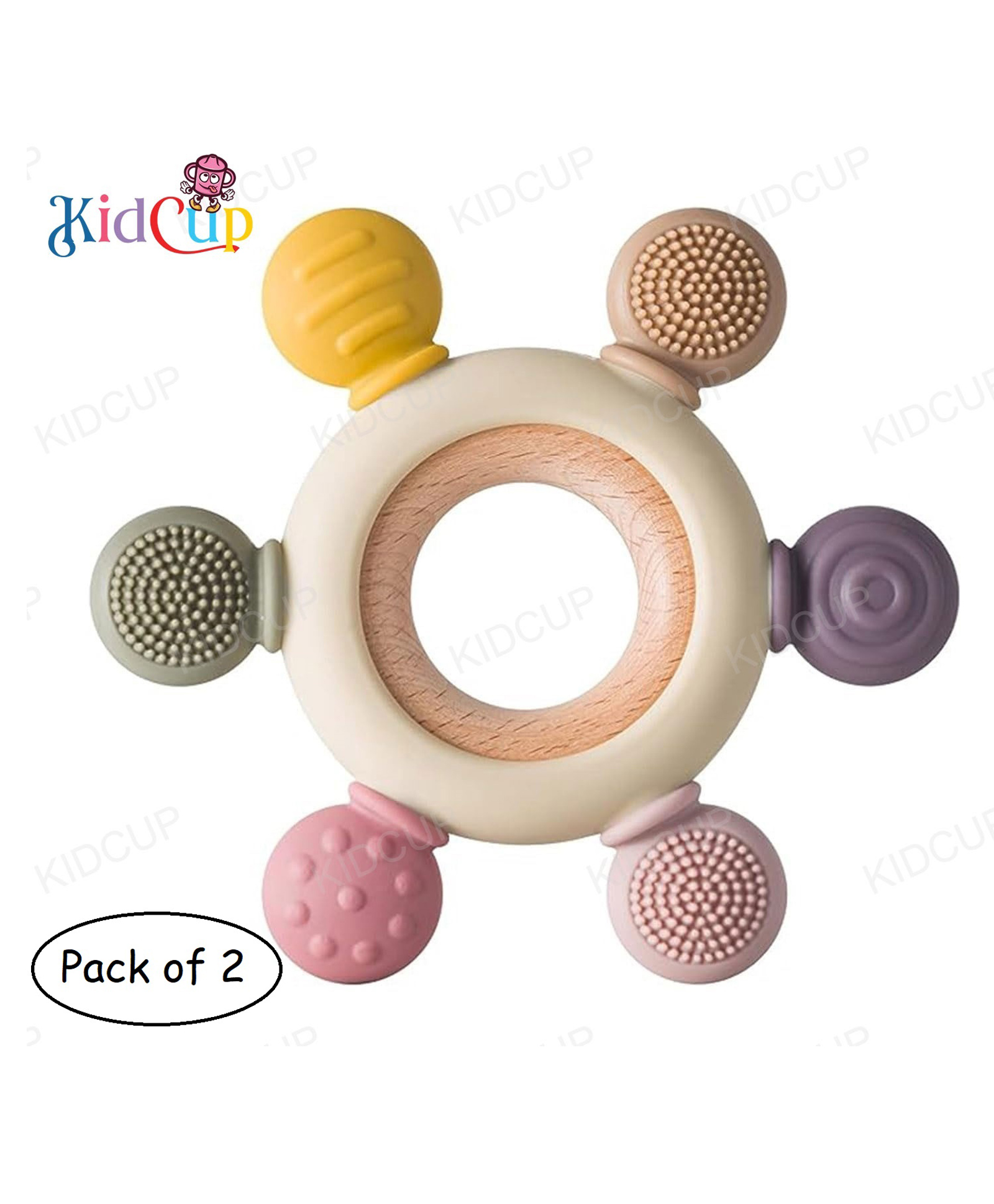 Kidcup Baby Teether with Wooden Ring & Silicone Teething Toys Pack of 2-image-0
