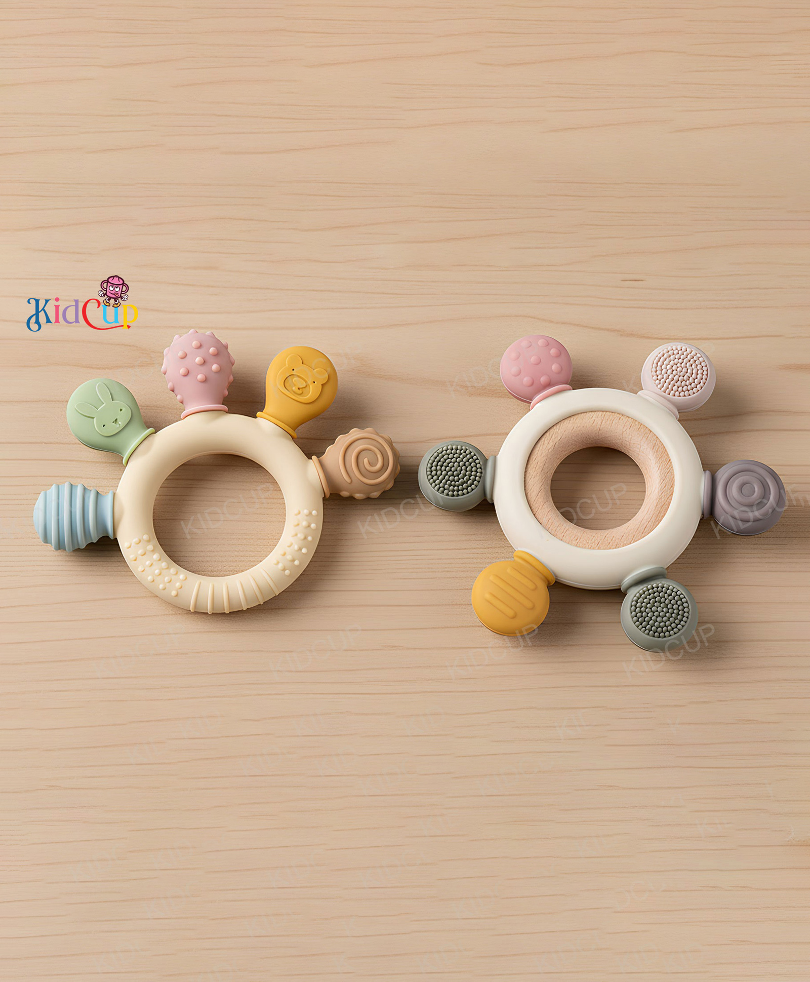 Kidcup Multi Texture Silicone Teether & Baby Silicon Teether with Wooden Ring (Combo)-picture-16