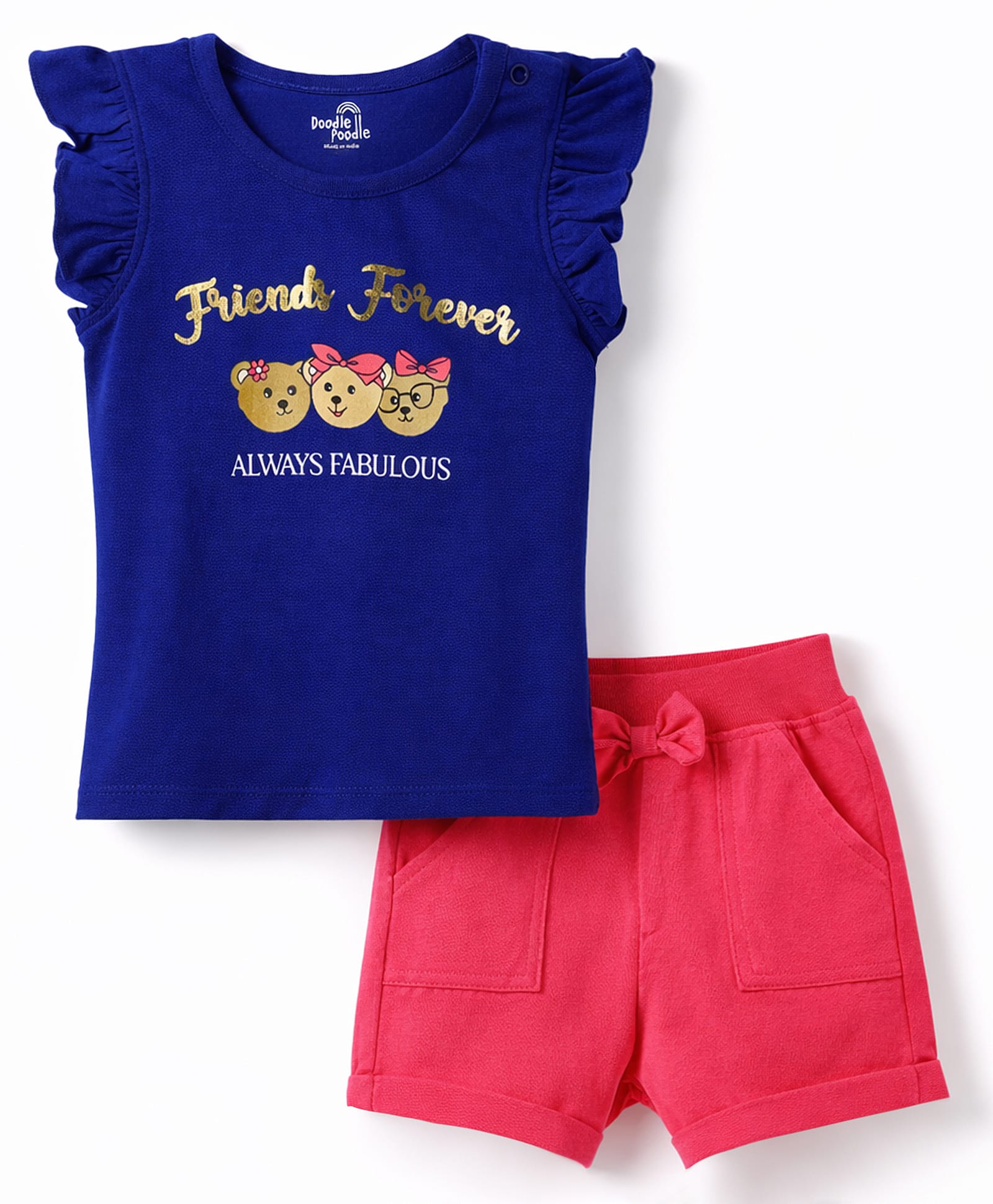Doodle Poodle 100% Cotton Knit Sleeveless Bear & Foil Printed Top & Shorts Set - Navy Blue & Dark Pink-image-10