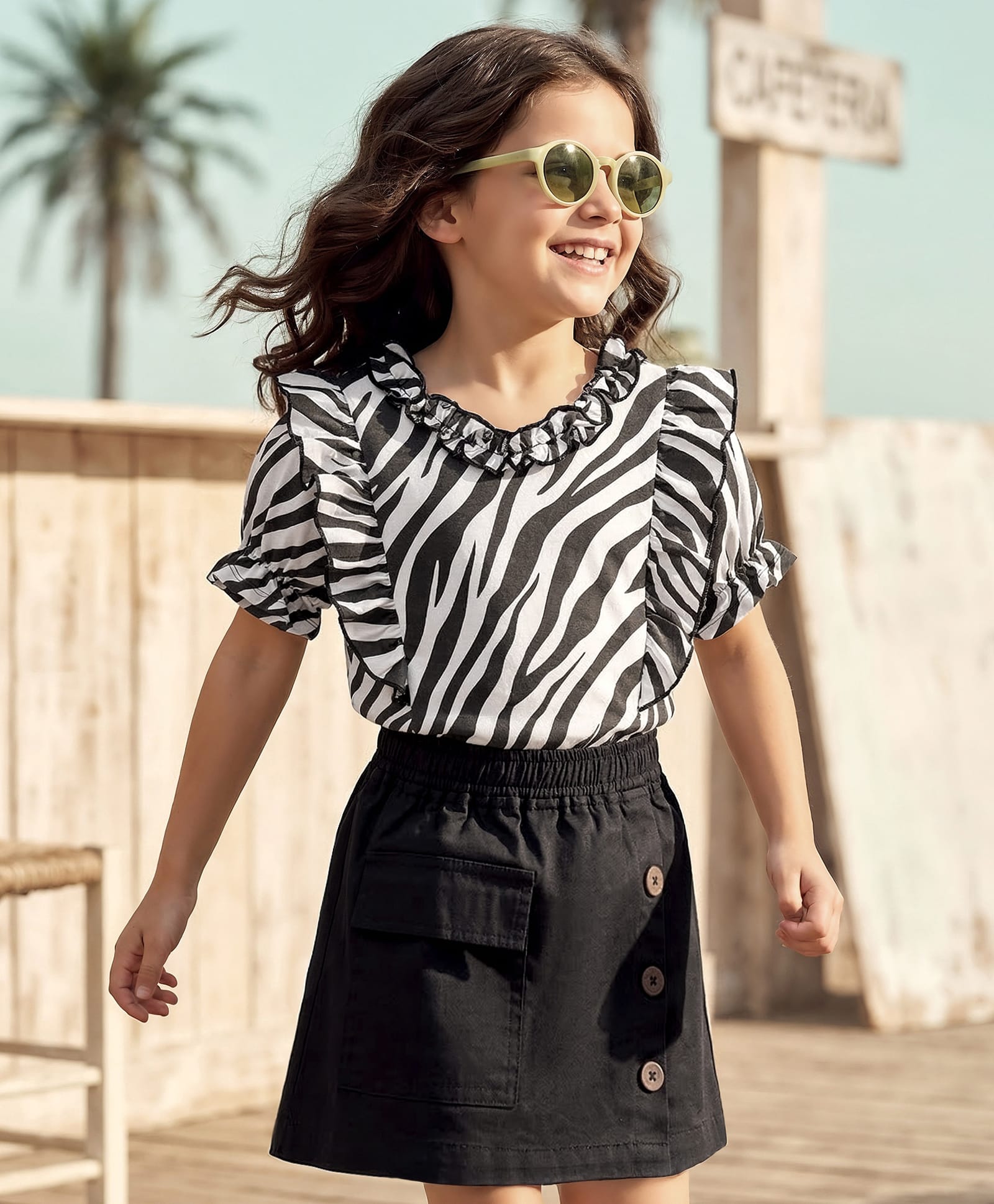 OLLINGTON ST. Cotton Knit Half Sleeves Printed Top & Woven Twill Skorts Set - White & Black-image-23