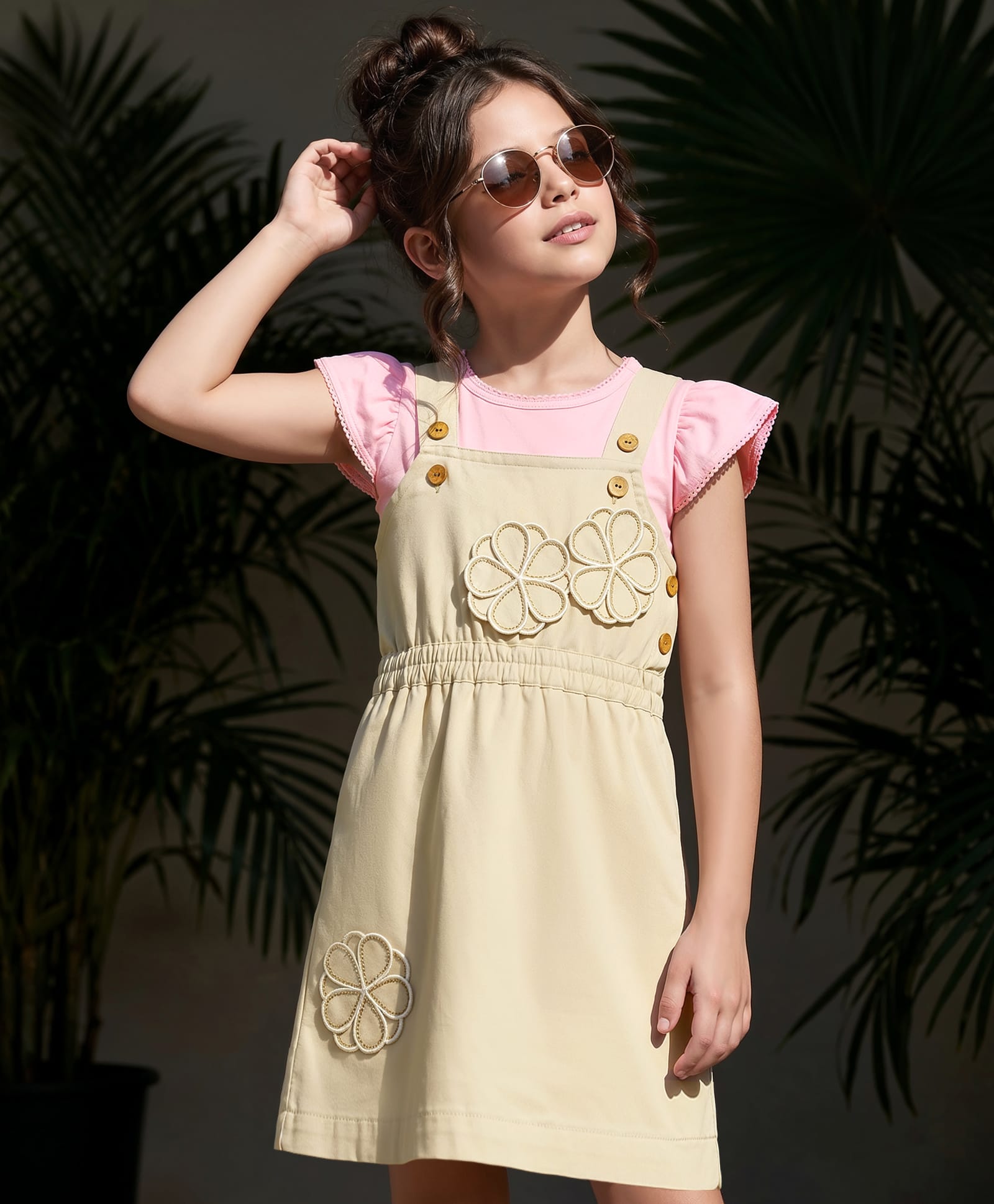 OLLINGTON ST. Sinker Knit Frock & Half Sleeves Tee With Floral Applique - Beige & Pink-image-40