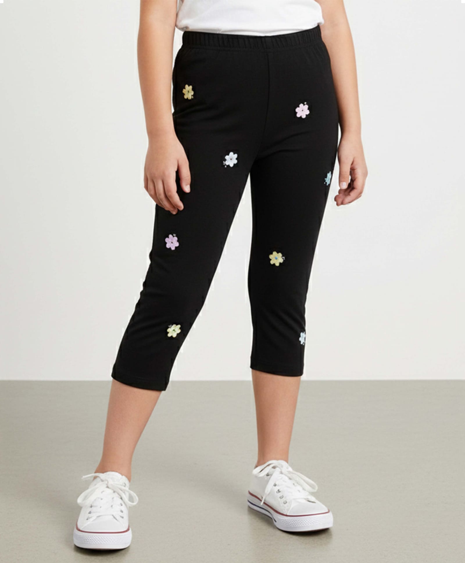 Kiddopanti Cotton Spandex Knit Stone Embellished Floral Printed Capri Leggings - Black-image-48