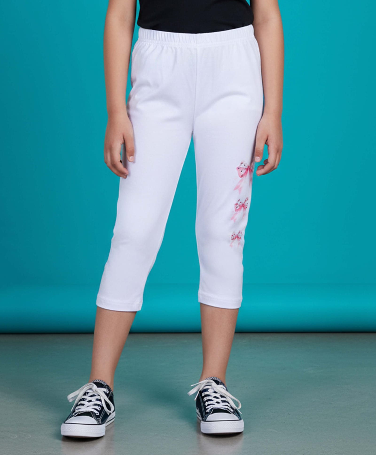 Kiddopanti Cotton Spandex Knit Stone Embellished Bow Printed Capri Leggings - White-image-18