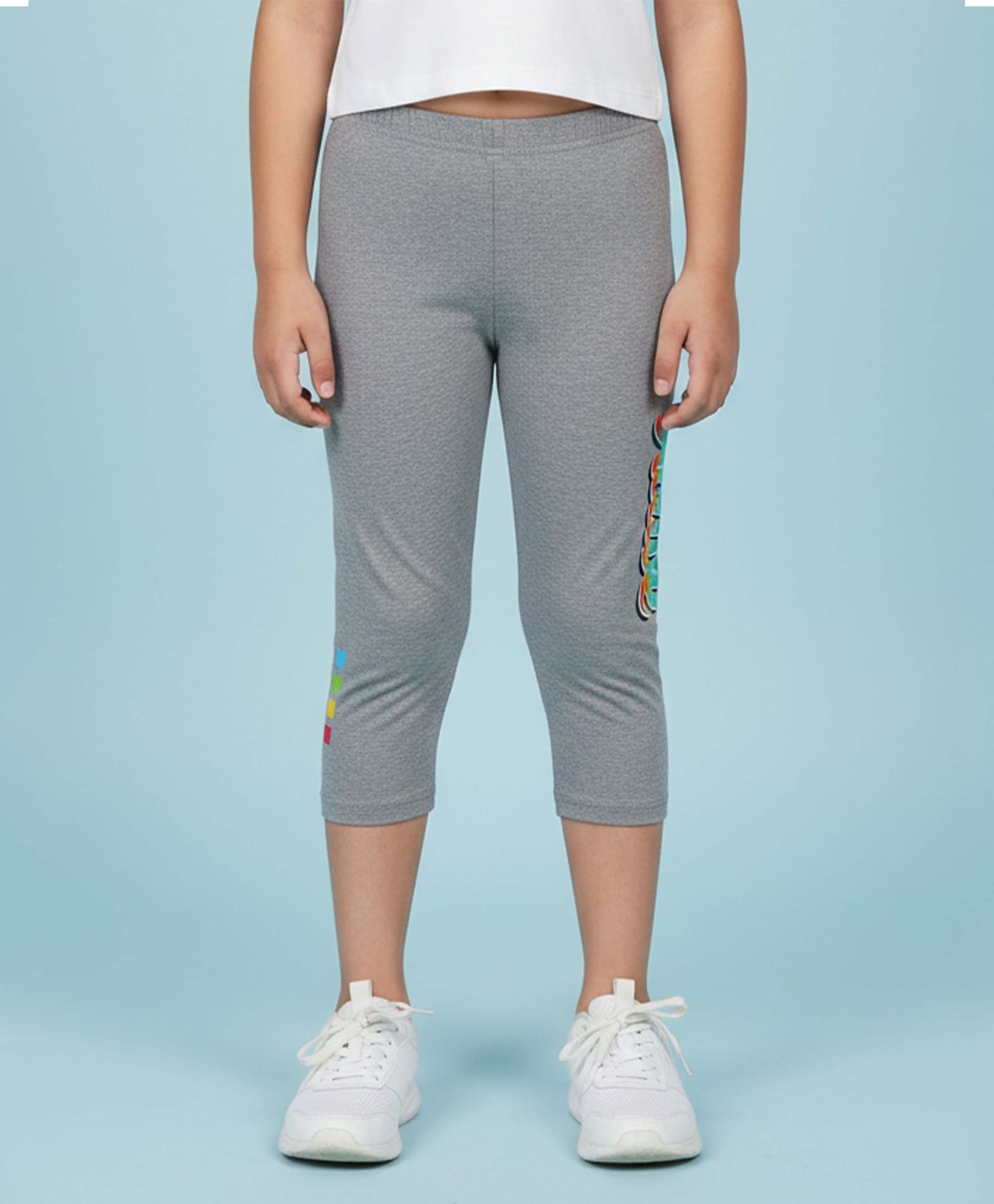 Kiddopanti Cotton Spandex Knit Active Text Printed Capri Leggings - Grey-image-25
