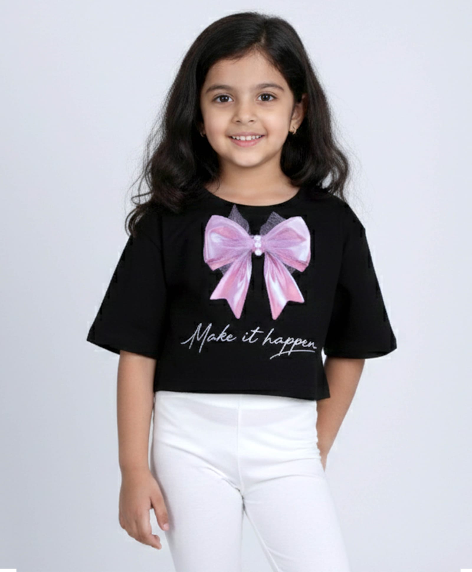 Kiddopanti Cotton Knit Beads Embellished Bow Applique Detailed Crop Tee - Black-image-34