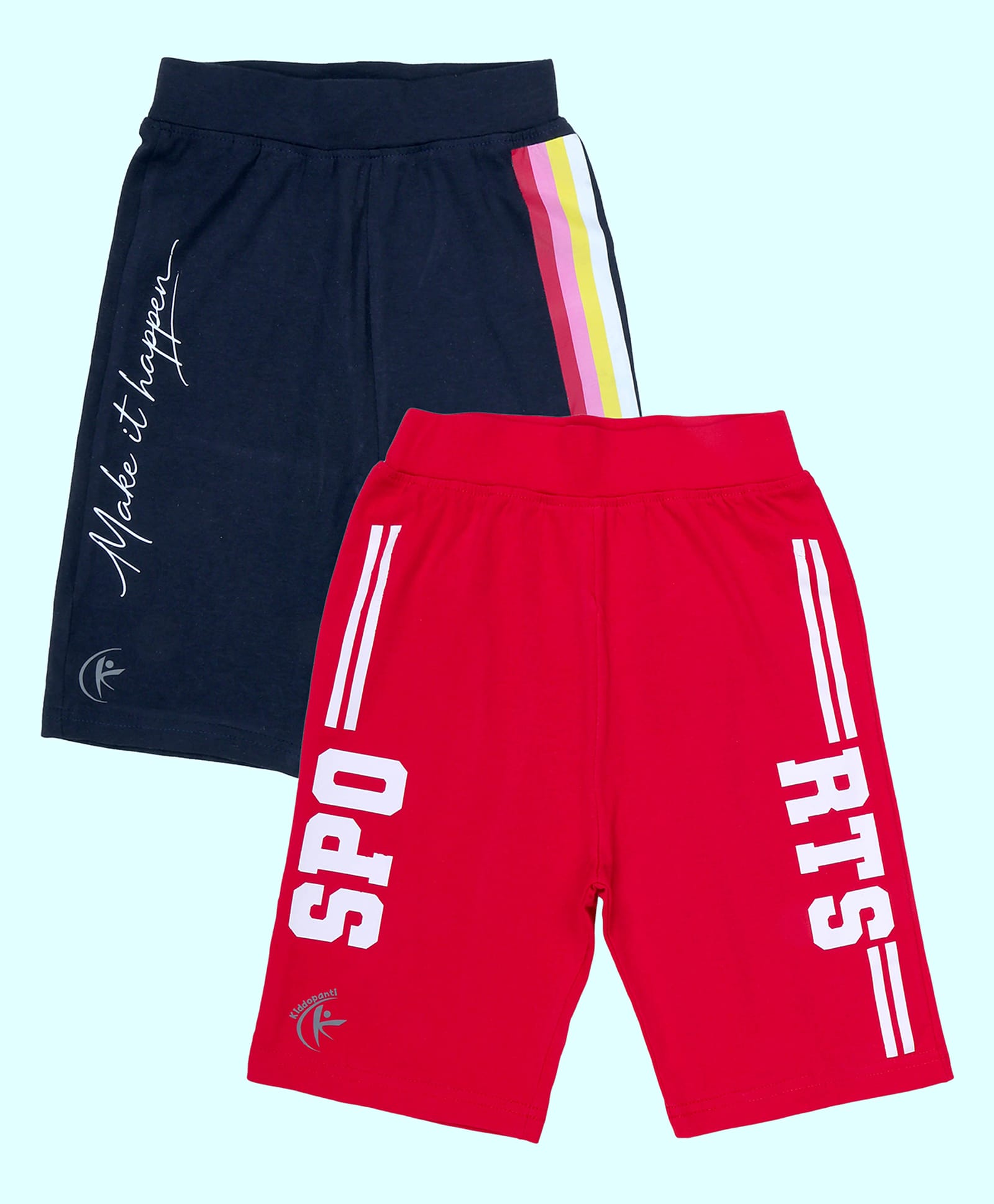 Kiddopanti Cotton Spandex Knit Pack Of 2 Striped & Typography Printed Cycling Shorts - Red & Navy Blue-picture-27